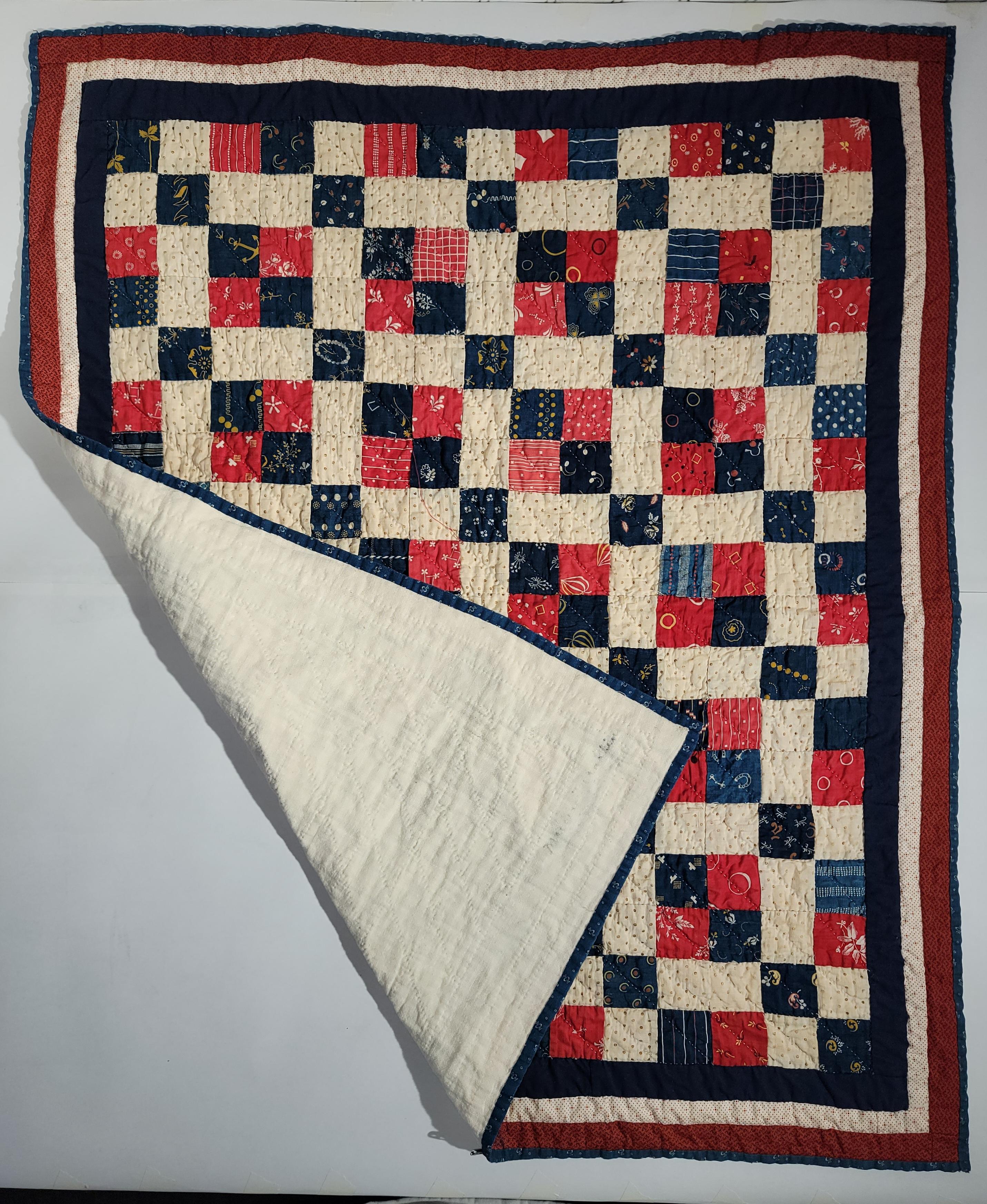 Cotton 19th Century Four Patch Patriotic Crib Quilt For Sale