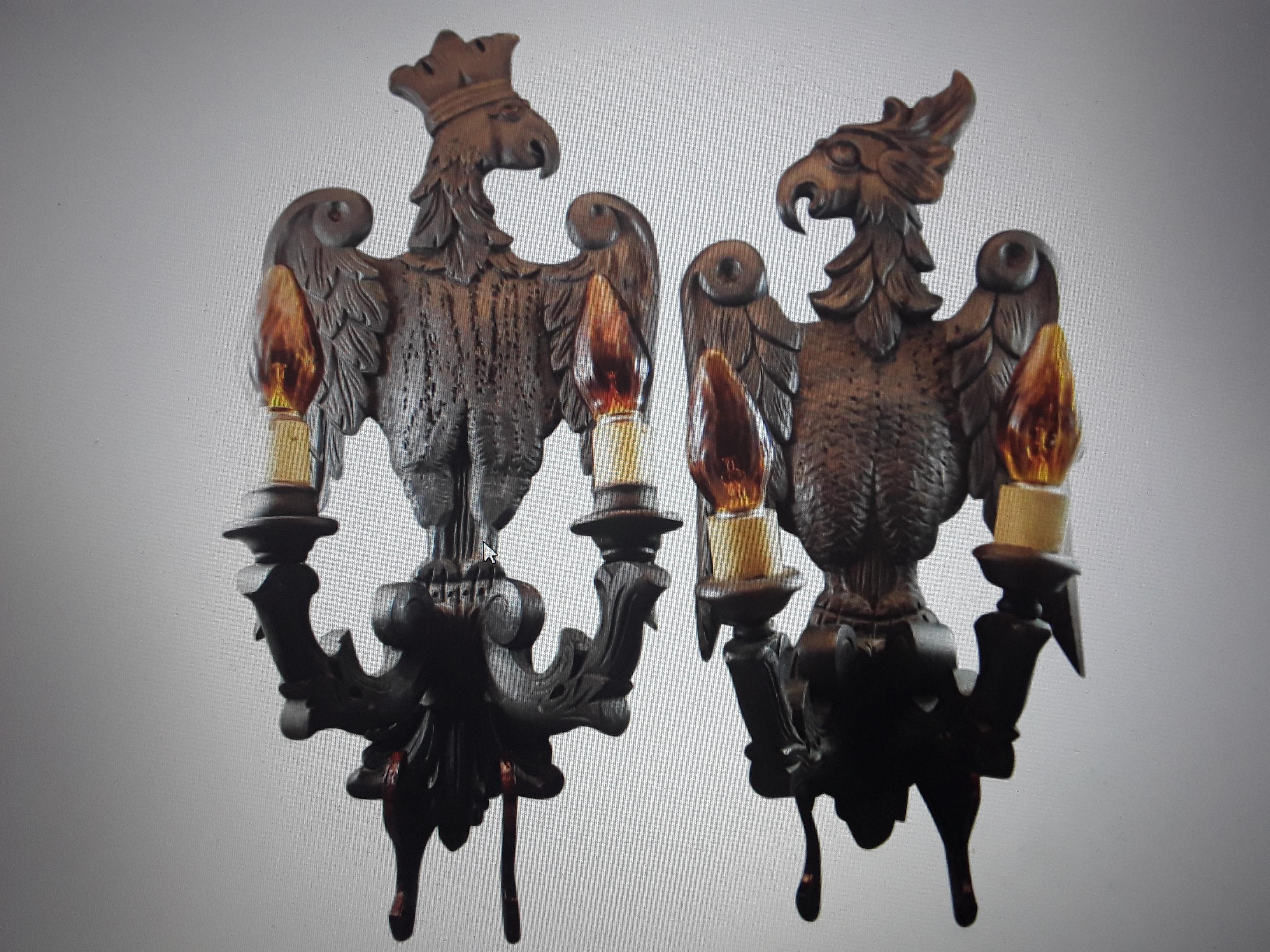 19thc French Antique Carved Wood Black Forest King and Queen Wall Sconces For Sale 9