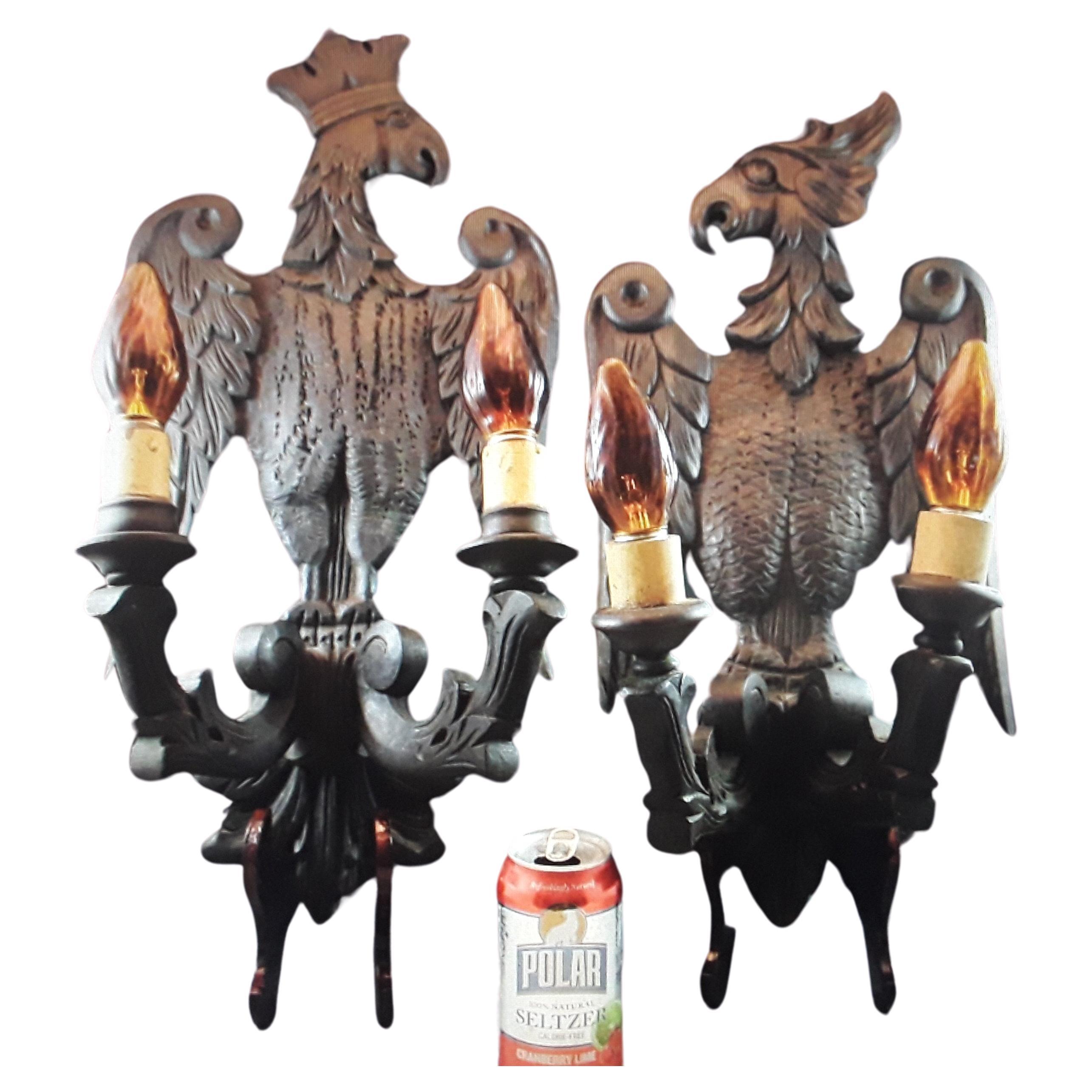 19thc French Antique Carved Wood Black Forest King and Queen Wall Sconces For Sale