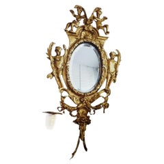 19thc French Antique Louis XIV Dore Bronze Grand Mirrored Wall Sconce - Cherubs