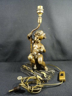 19thc French Antique Louis XV style Bronze Cherub Figural Table Lamp on Marble