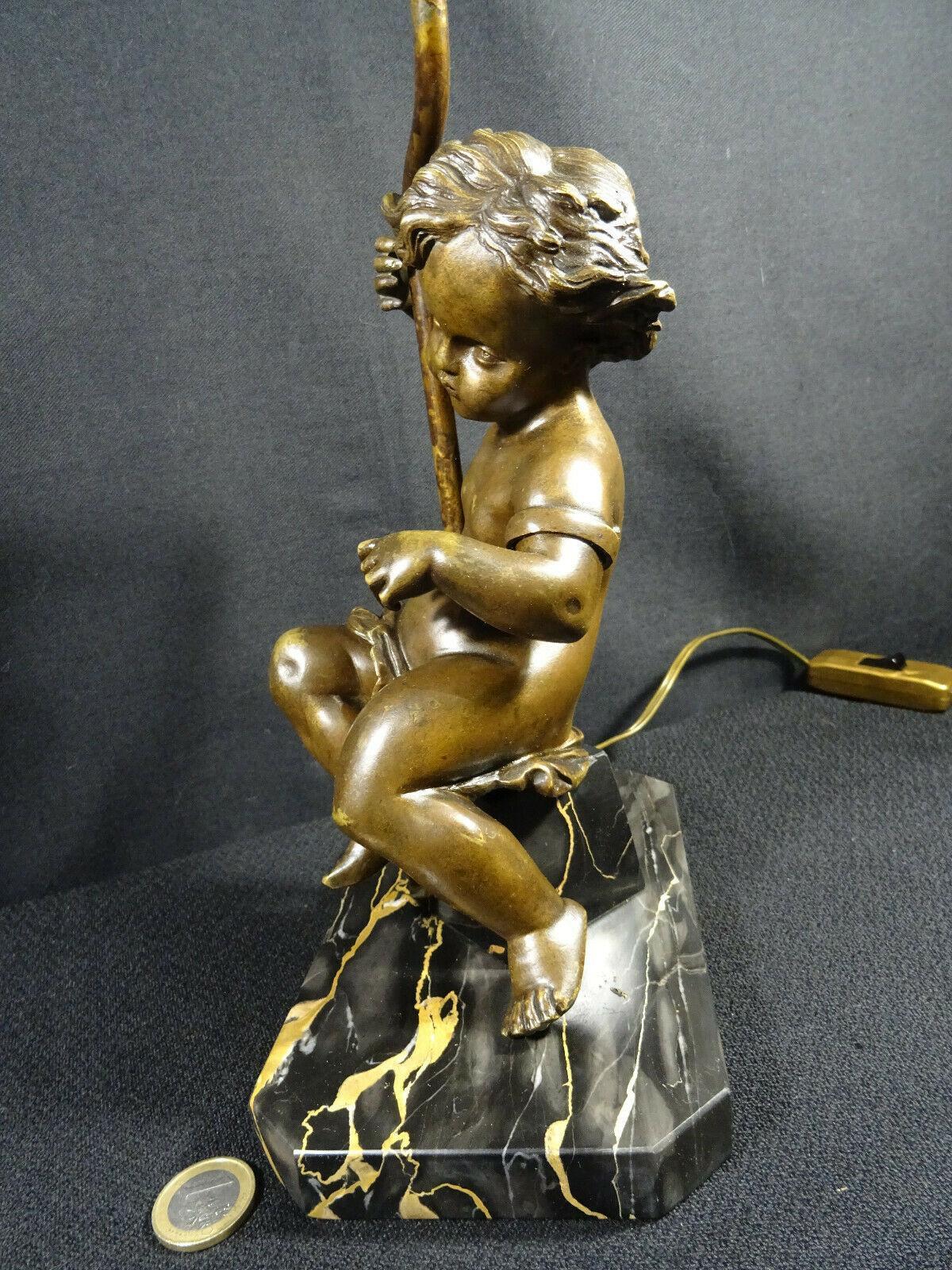 19thc French Antique Louis XV style Bronze Cherub Figural Table Lamp on Marble For Sale 1