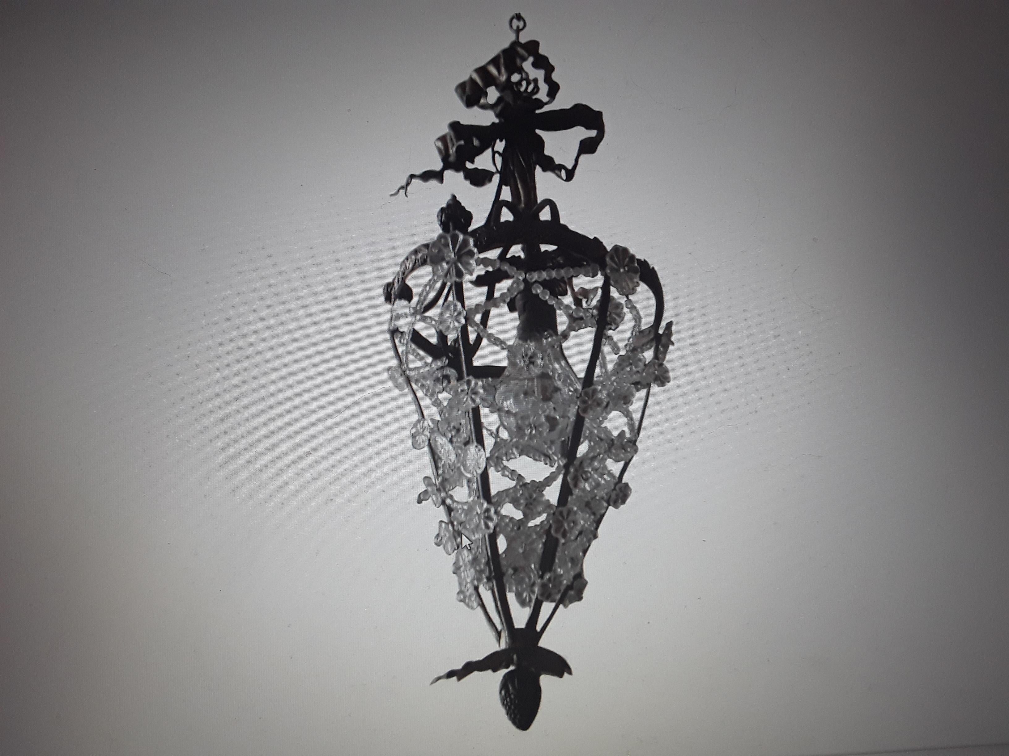 19thc French Antique Louis XVI style Crystal Beaded Bronze Frame Lantern Fixture For Sale 11