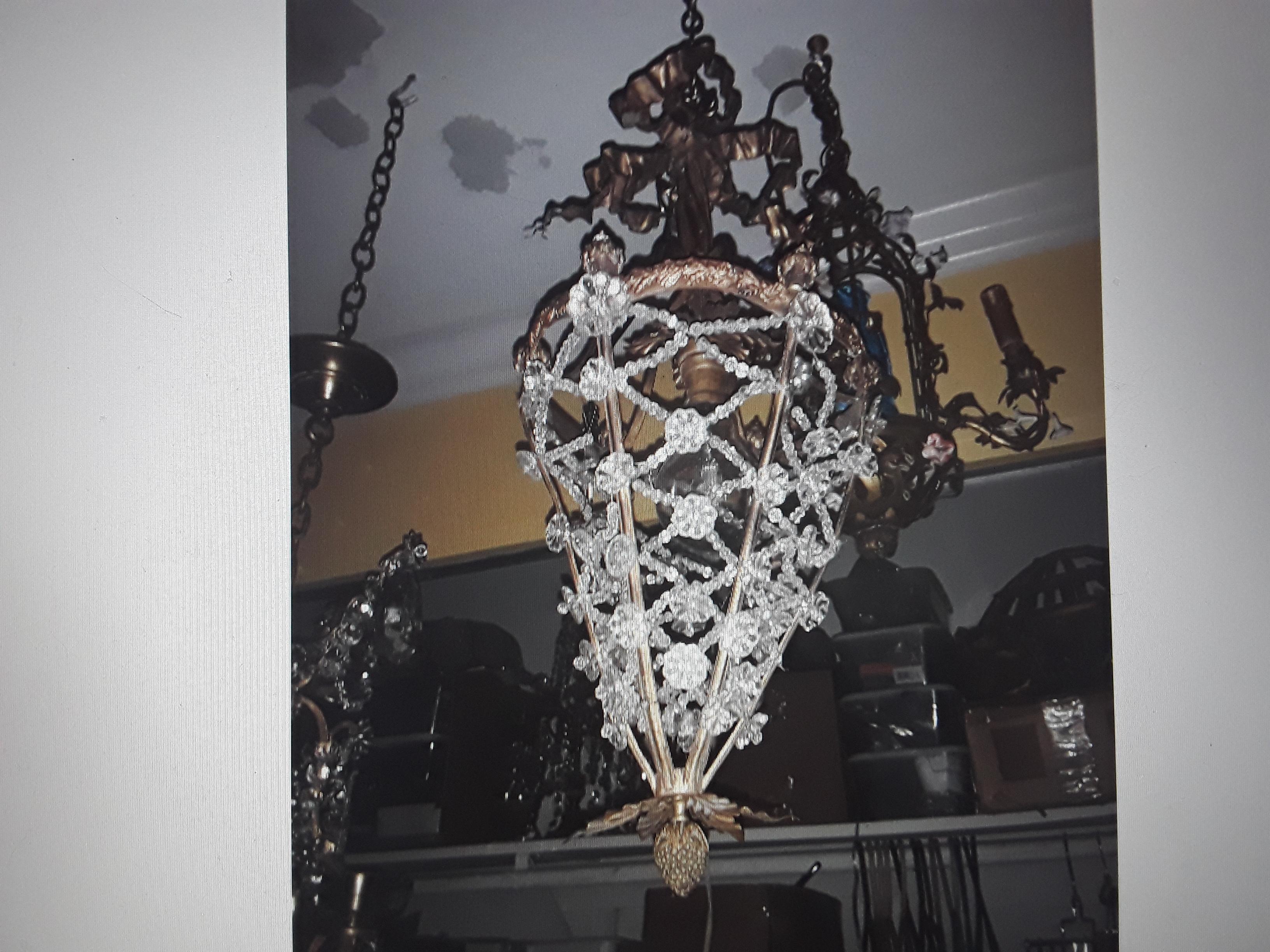 19thc French Antique Louis XVI style Crystal Beaded Bronze Frame Lantern Fixture In Good Condition For Sale In Opa Locka, FL