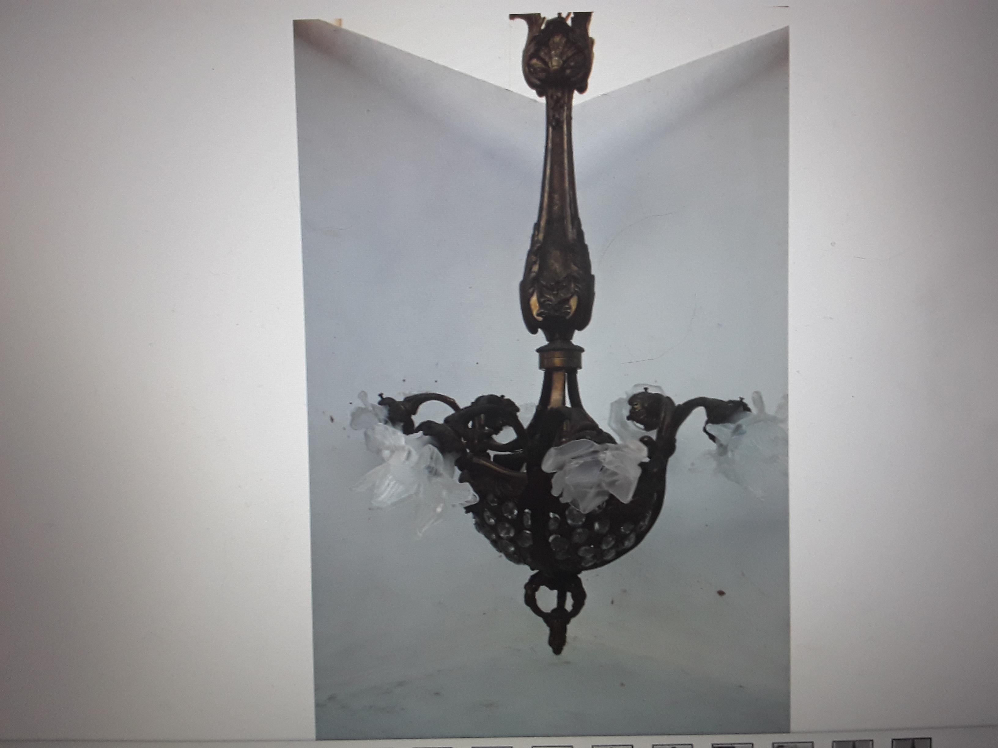 Stunning 19thc French Antique Louis XVI Bronze & Crystal Floral Basket Chandelier. Weaved basket with cut crystal inlay. 3 interior lights and 6 perimeter lights. Beautiful floral shades.