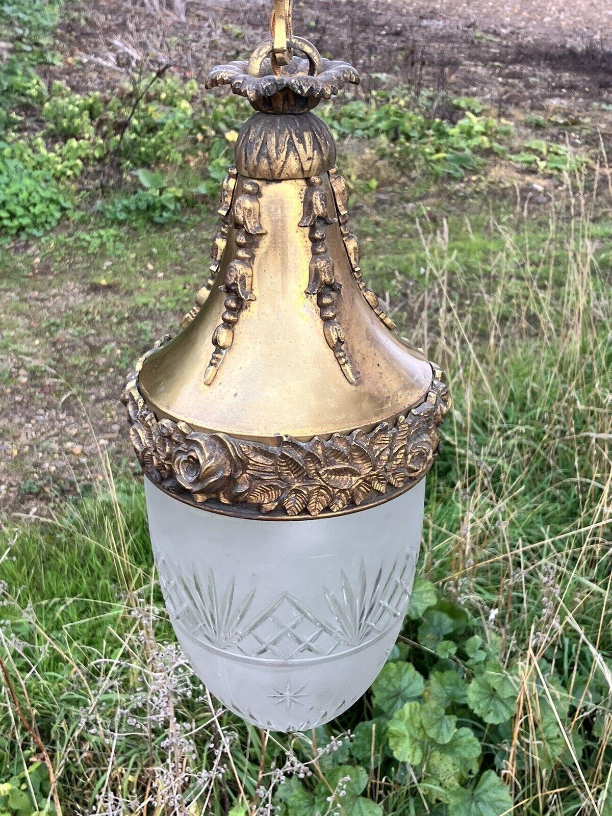 19thc French Antique Louis XVI style Gold Bronze w/ Cut Crystal Shade - Lantern For Sale 7