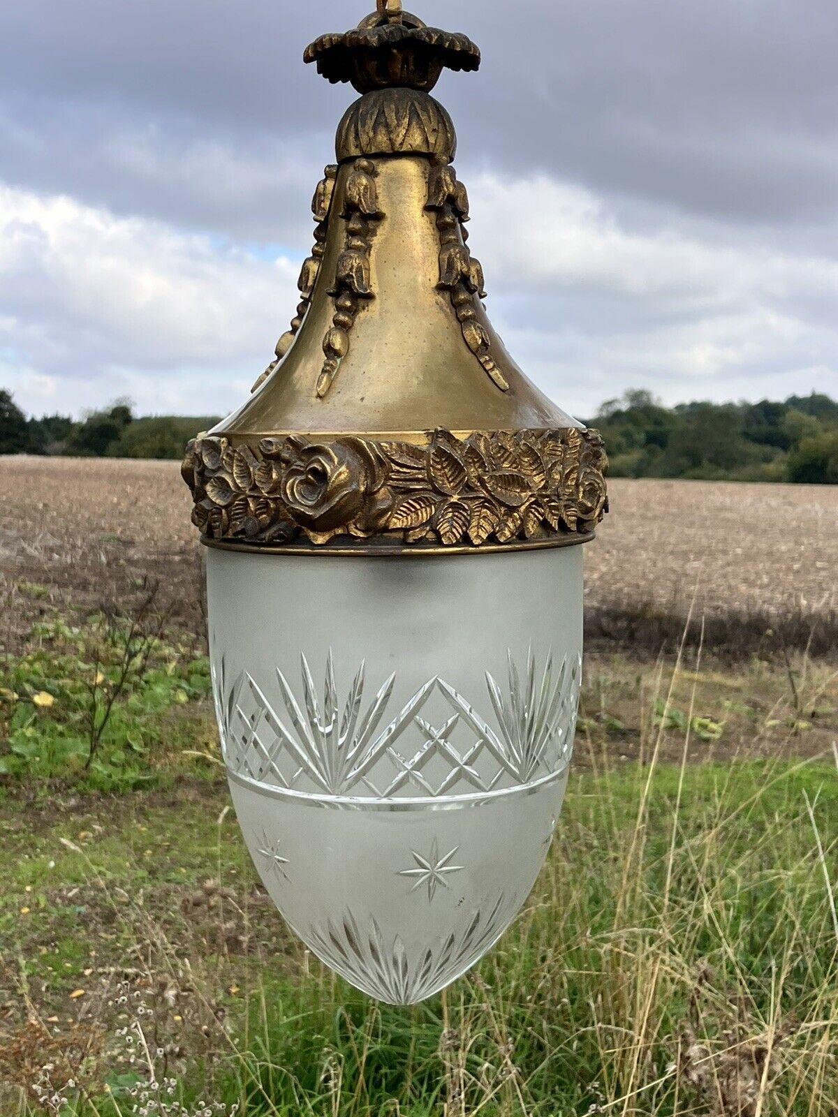 19thc French Antique Louis XVI style Gold Bronze w/ Cut Crystal Shade - Lantern For Sale 8