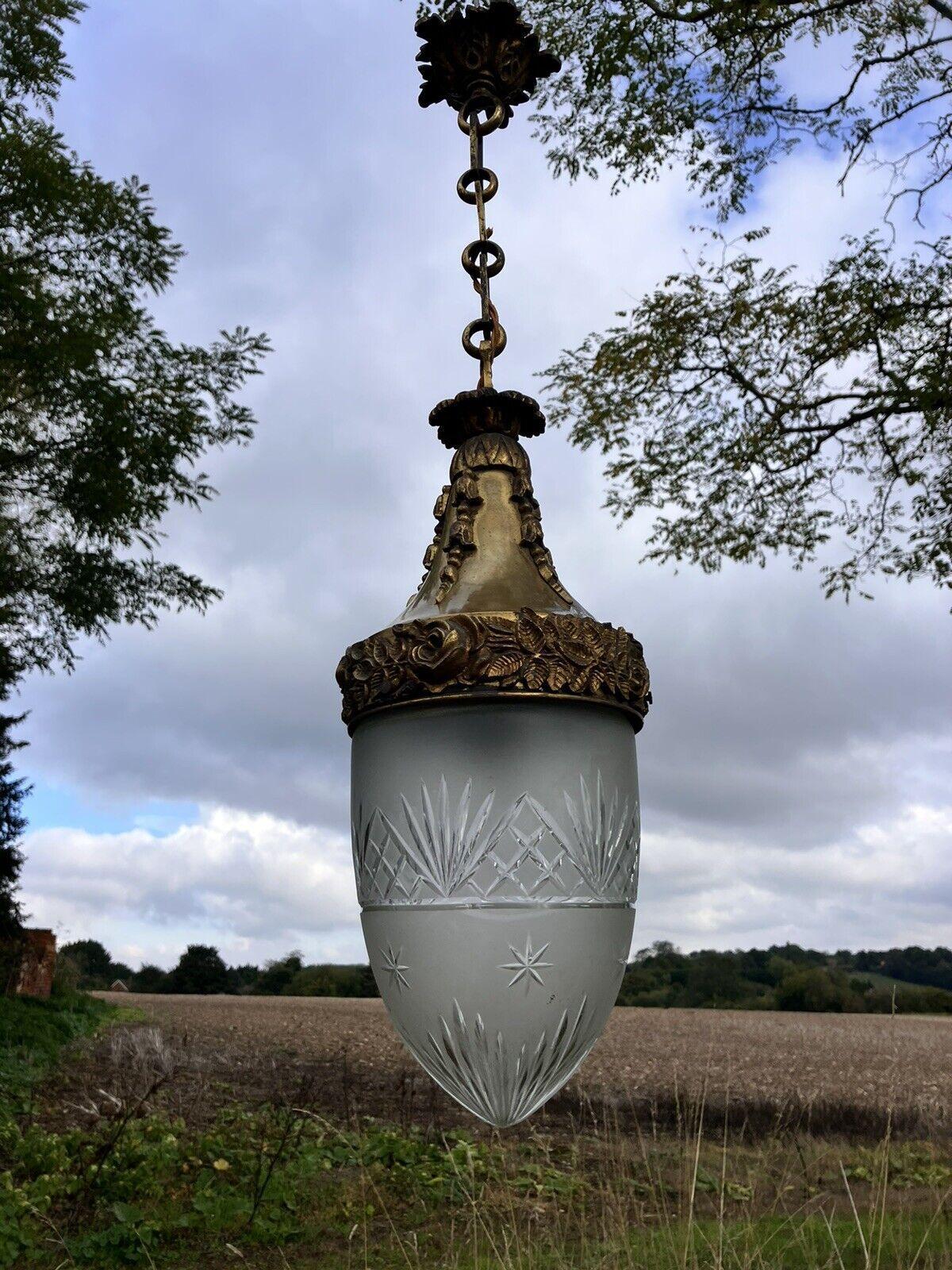19thc French Antique Louis XVI style Gold Bronze w/ Cut Crystal Shade - Lantern In Good Condition For Sale In Opa Locka, FL