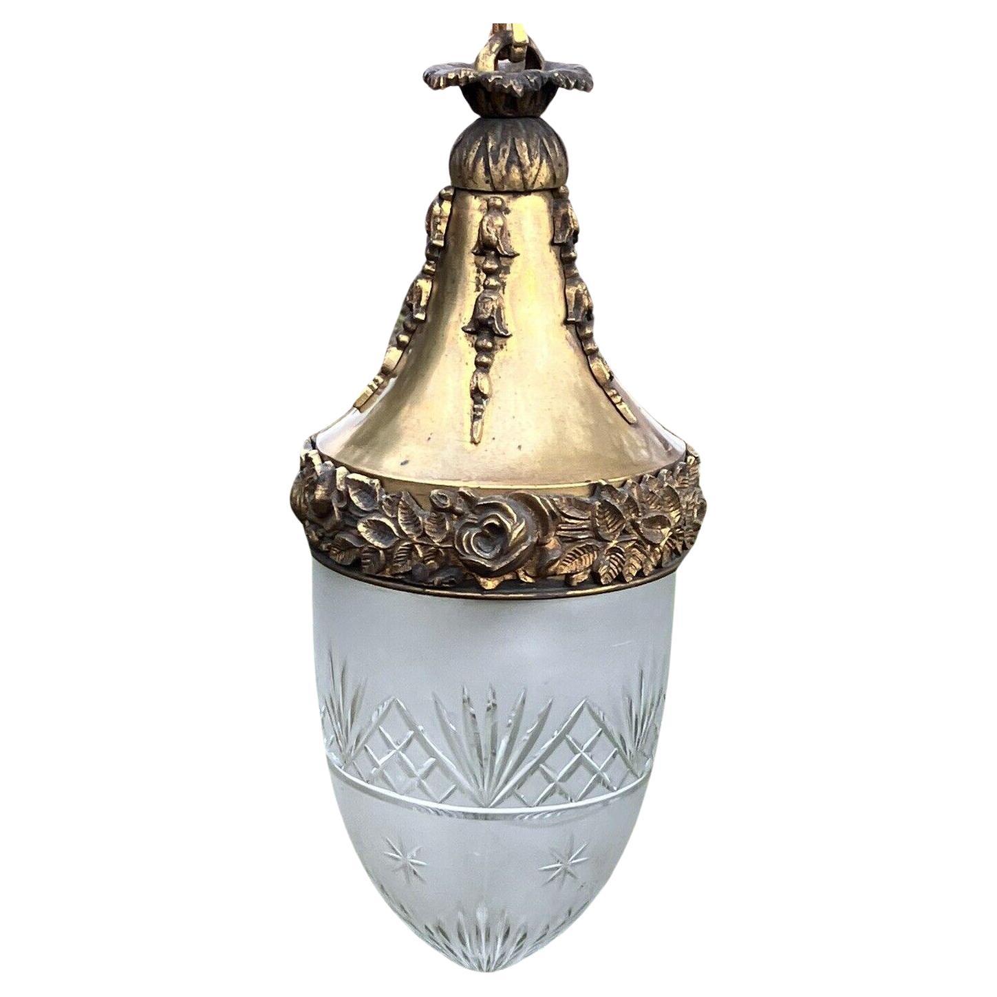 19thc French Antique Louis XVI style Gold Bronze w/ Cut Crystal Shade - Lantern For Sale