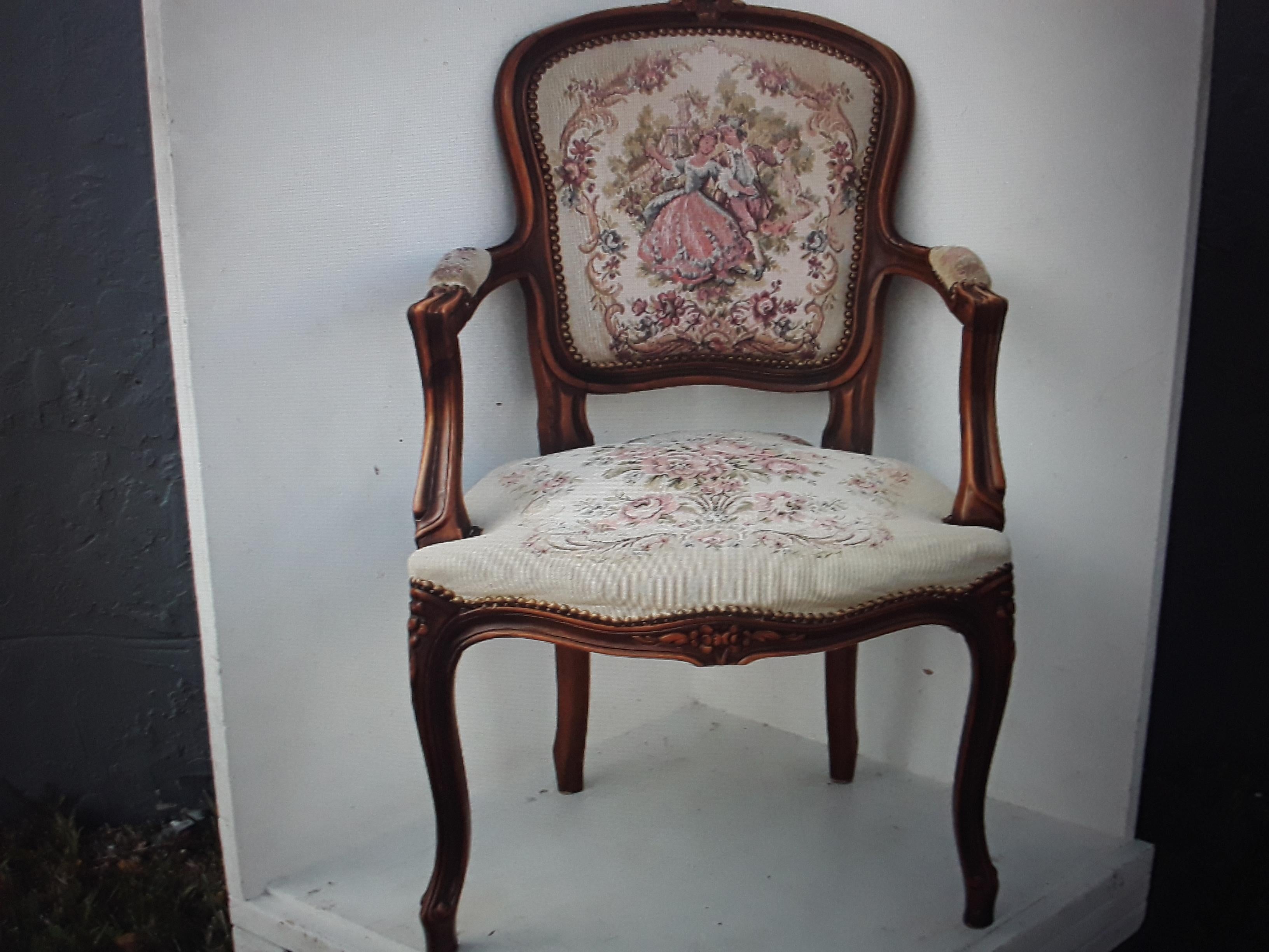 19thc French Antique Louis XV style Carved Wood Rococo Armchair. Very nicely carved. Romantic scene aupholstery.