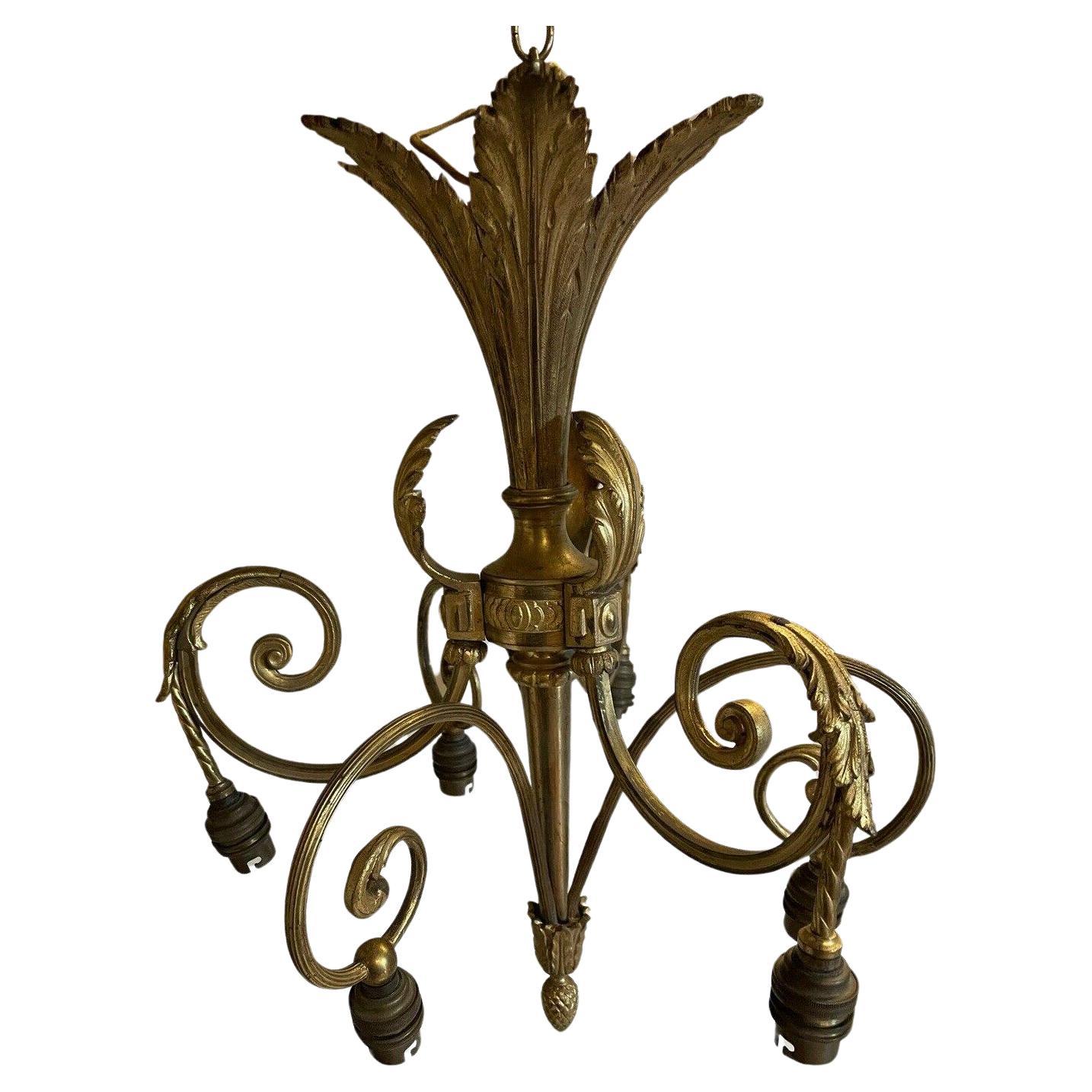 19thc French Antique Napoleon III Gilt Bronze Chandelier Florals & Scrolls For Sale