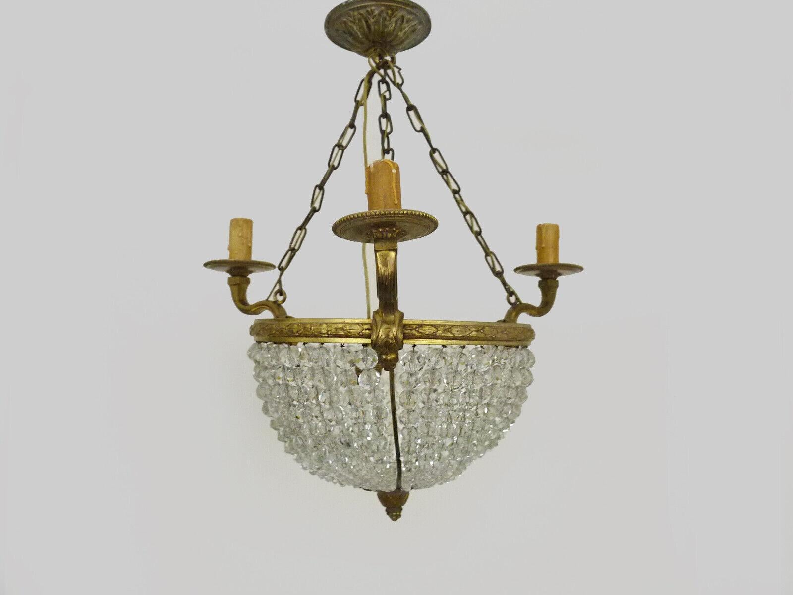 Beautiful 19thc French Antique Napoleon III Gilt Bronze Cut Crystal Beaded Chandelier/ Pendant. French buying trip acquisition.