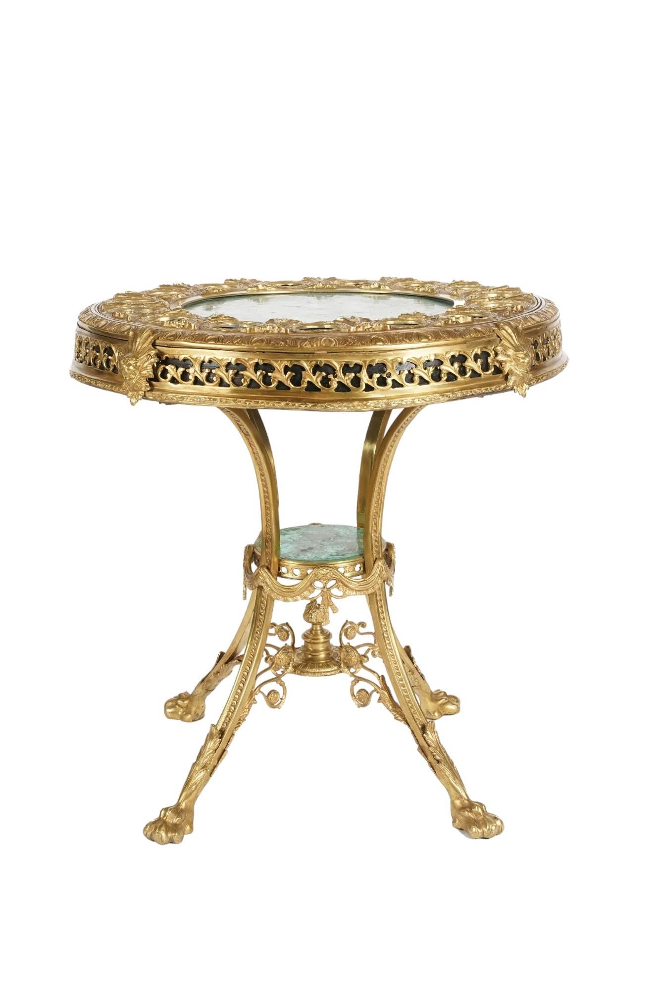 French Provincial 19thc Malachite Empire Style Stone Inlaid Bronze Dore Center Table For Sale