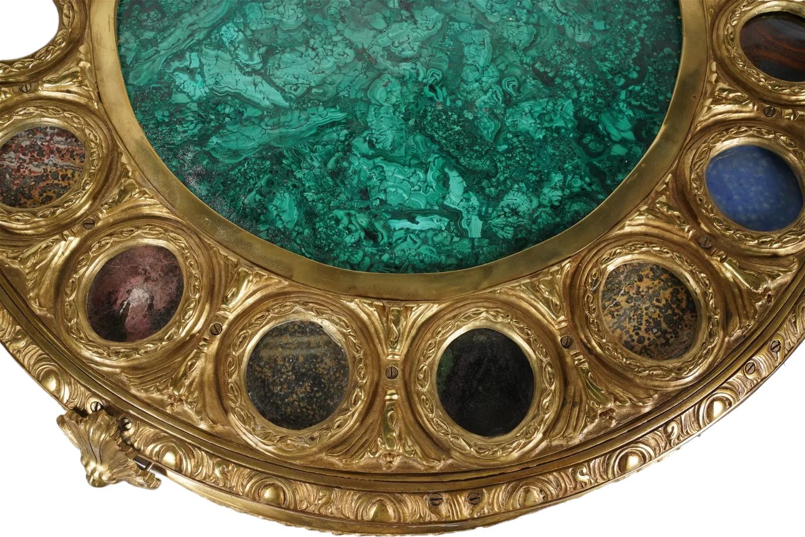 19thc Malachite Empire Style Stone Inlaid Bronze Dore Center Table For Sale 3