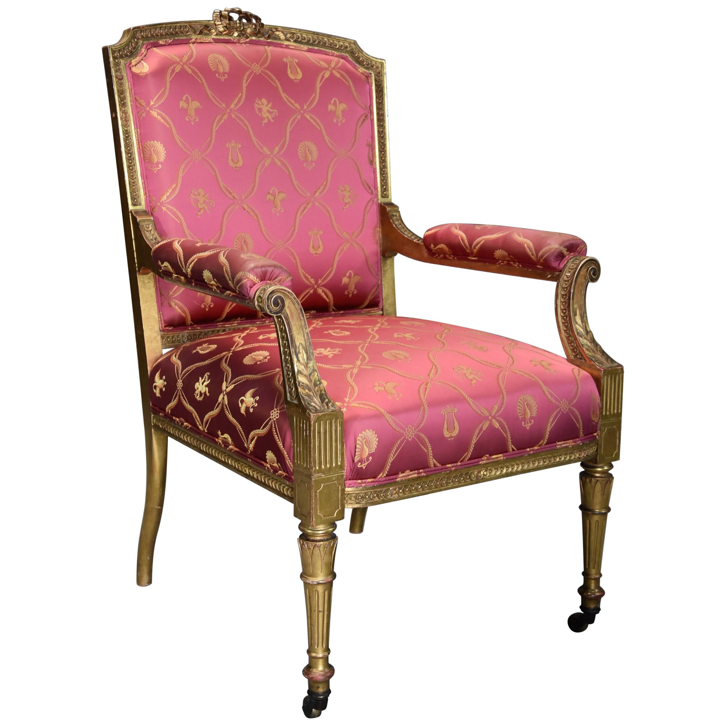 19thc French Carved Giltwood Fauteuil / Open Armchair of Large Proportions For Sale