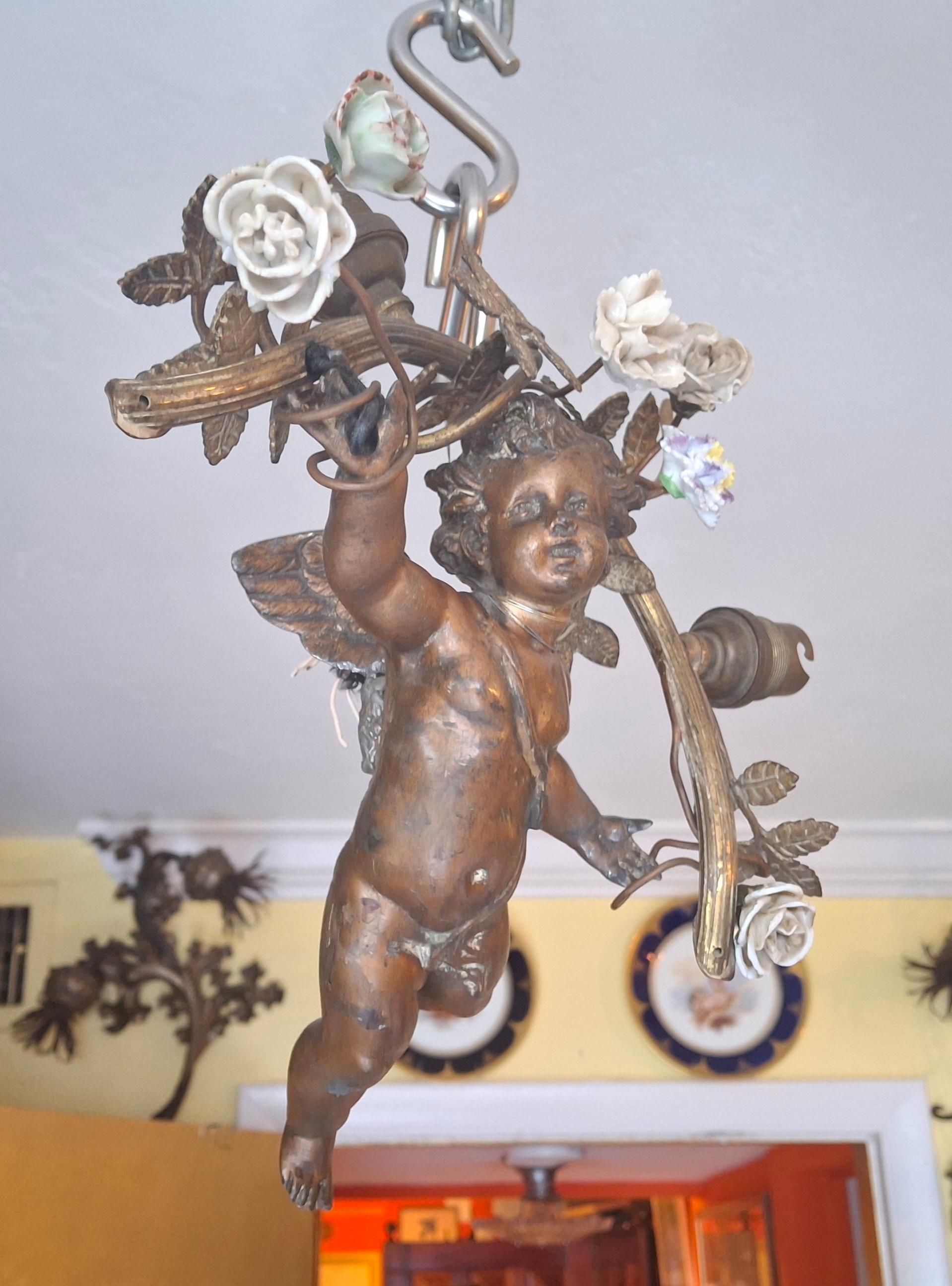 Bronzato 19thc French Cast Spelter/ Bronze Flying Cherub with Flower Garland Chandelier in vendita