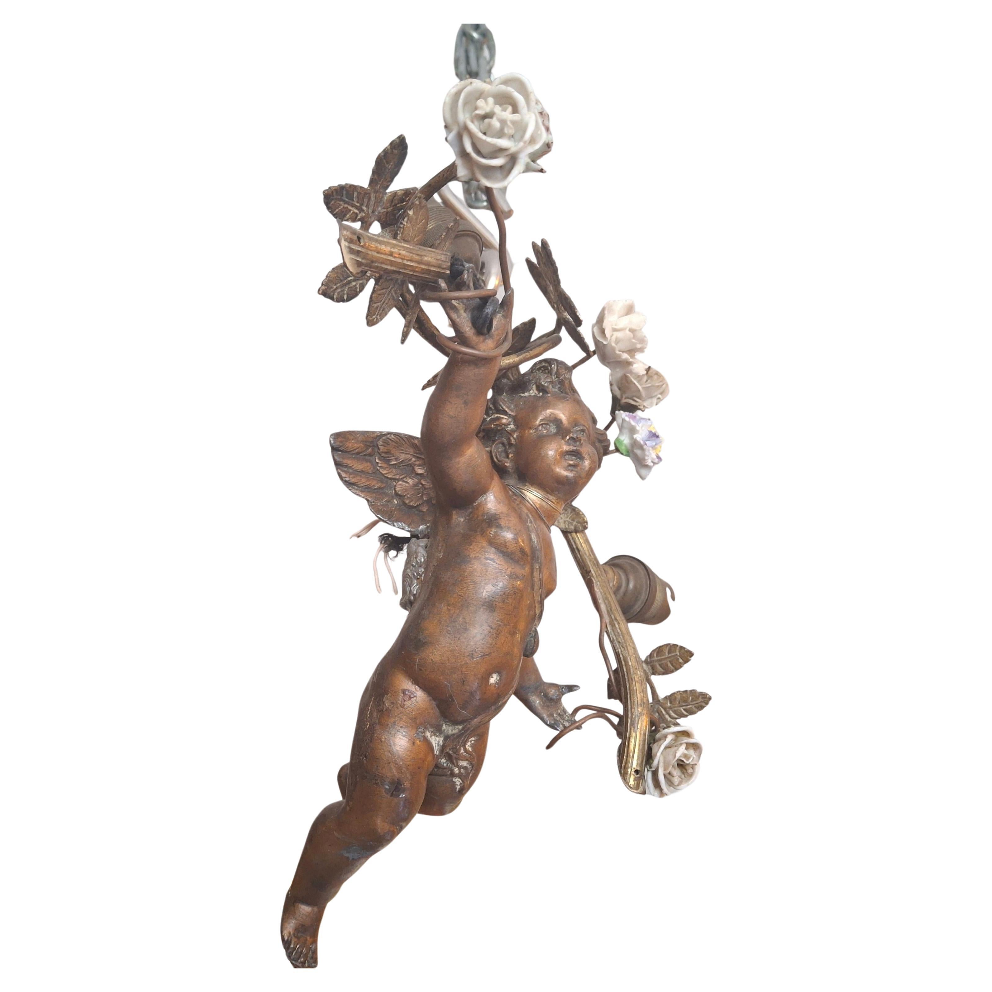 19thc French Cast Spelter/ Bronze Flying Cherub with Flower Garland Chandelier