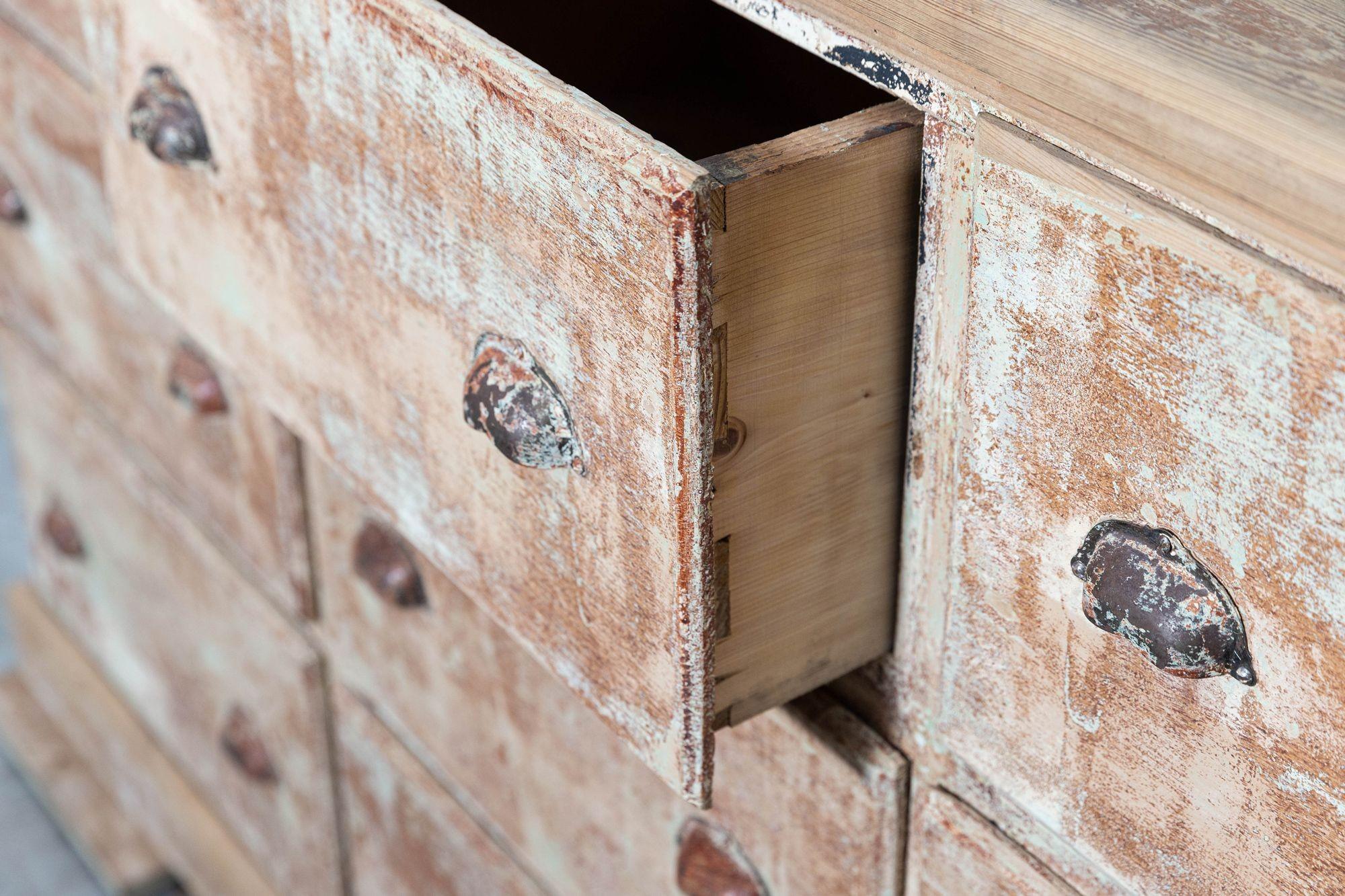 19thC French Dry Scraped Bank of Pine Drawers For Sale 9
