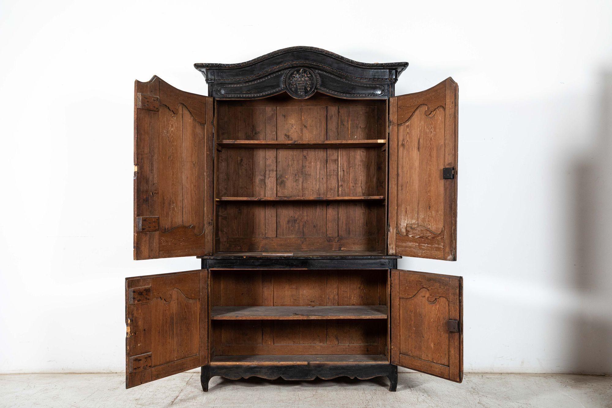 Circa 1800
19thC French Ebonised Fruitwood Buffet de Corps
W146 x D53 x H236 cm
Base W140 x D53 x H93 cm
Top W146 x D50 x H143 cm.
 