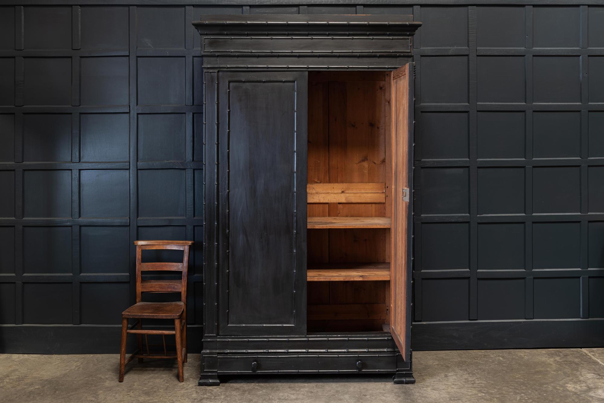 19th century French ebonized faux bamboo armoire /wardrobe
circa 1880.

With original locking key, adjustable shelves and drawer to the base

Measures: H 230 x W 141 x D 56cm.

  