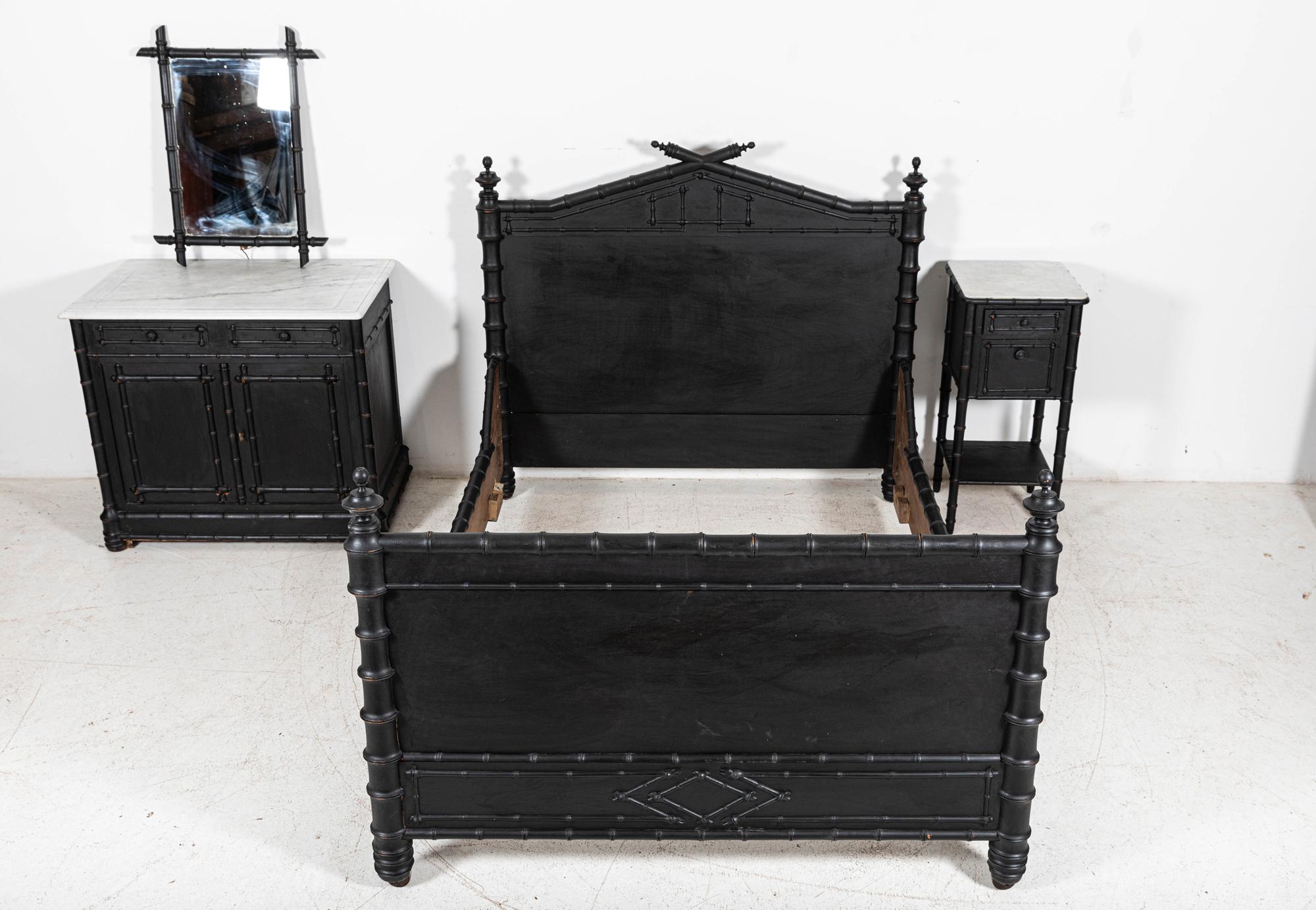 Circa 1880

19thC French Ebonised Faux Bamboo Matching Bedroom Suite. Acquired from the original family owner in the South of France

Measures: Bed W205 x D140 x H120 cm

Bedside Cabinet W38 x D38 x H83 cm

Marble Wash Stand Cabinet W90 x