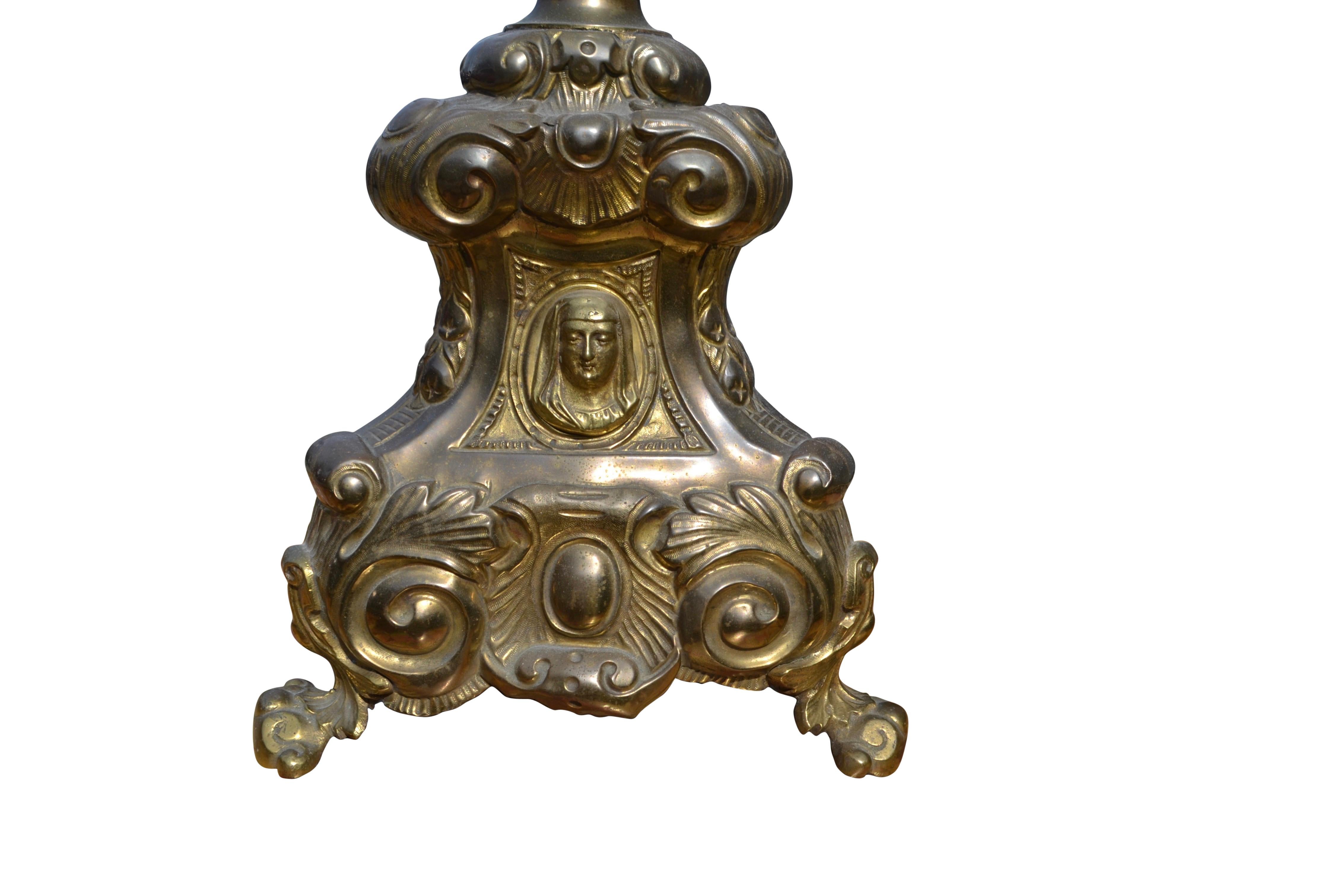 Brass 19th C French Ecclesiastical Candlestick Converted into a Lamp For Sale