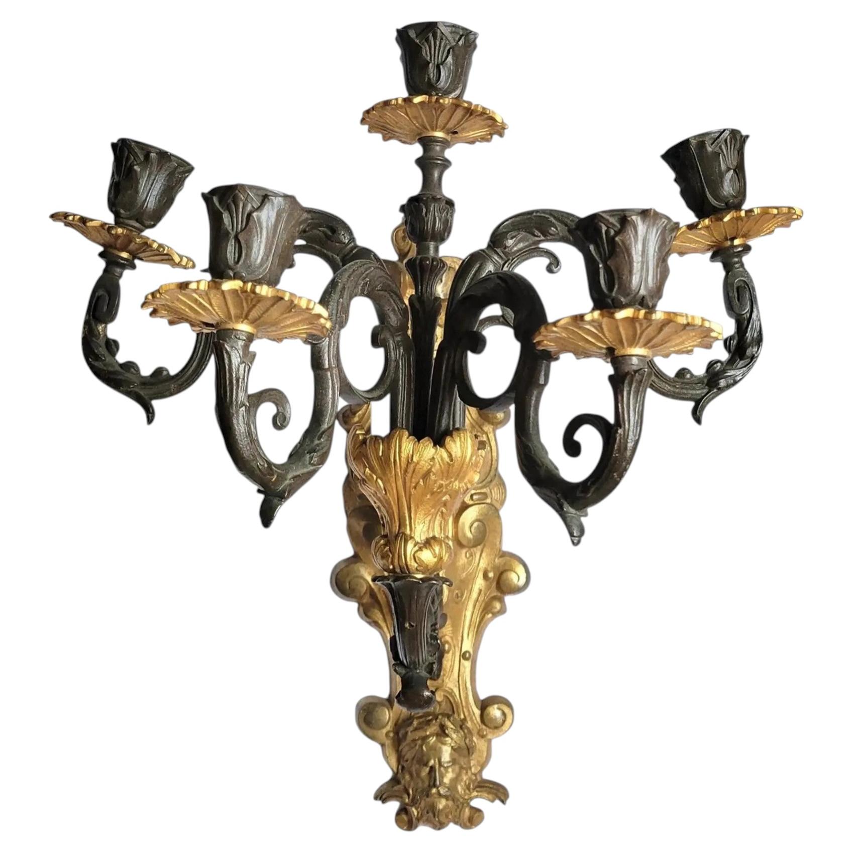 19thc French Empire Gilt & Patinated Bronze Figural 5 Arm Candleholder Sconce