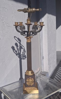 19thc French Empire Gilt & Patinated Bronze Table Lamp / Candelabra