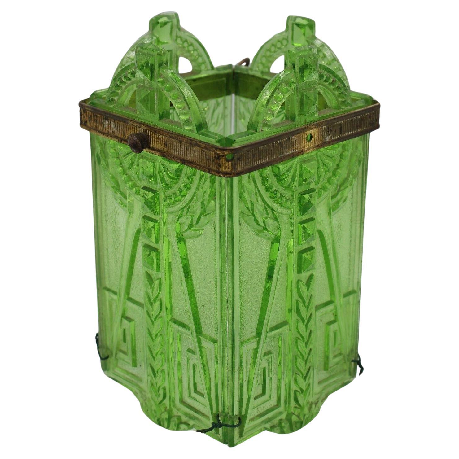 19thc French Empire Green Art Glass Lantern Intricately Patterned For Sale