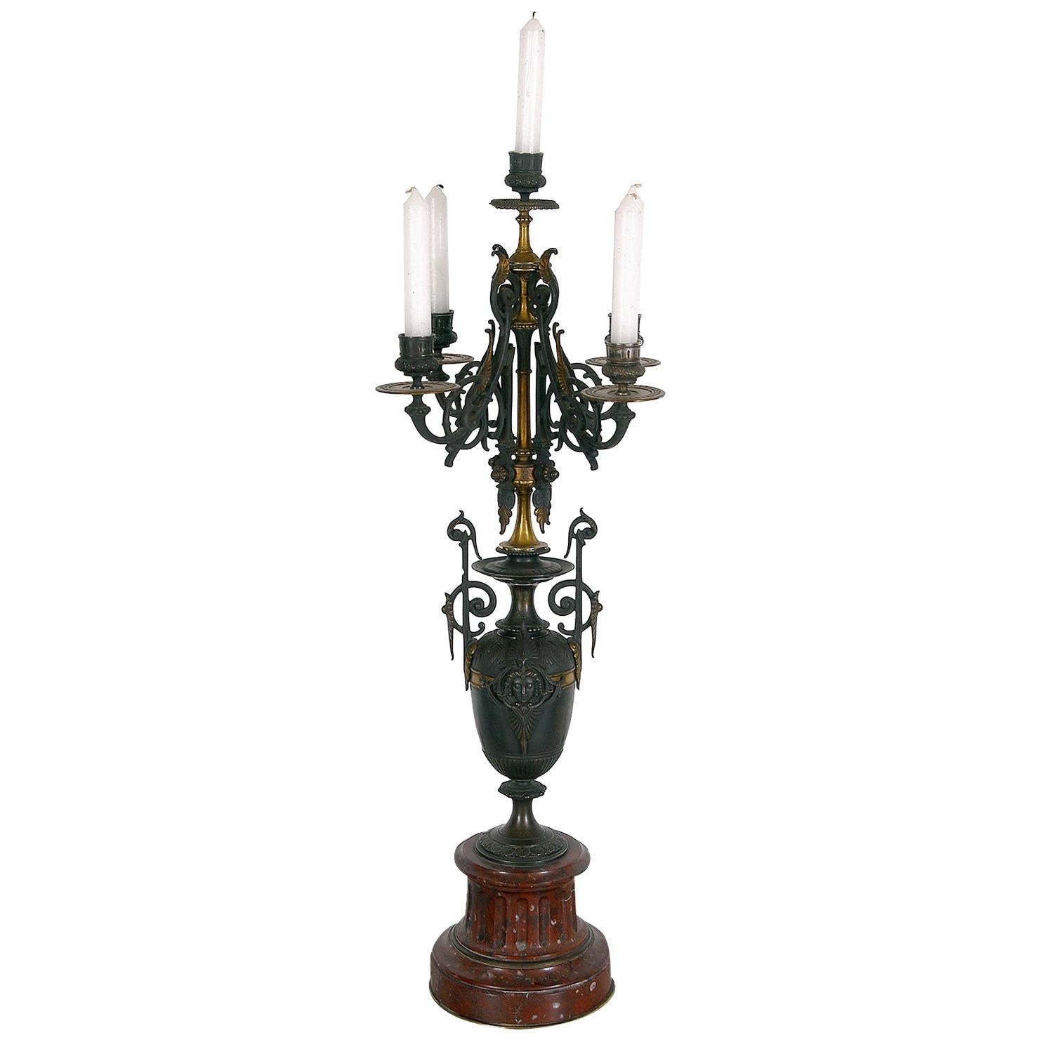 French Empire Red Languedoc Marble Bronze Ormolu Candelabrum