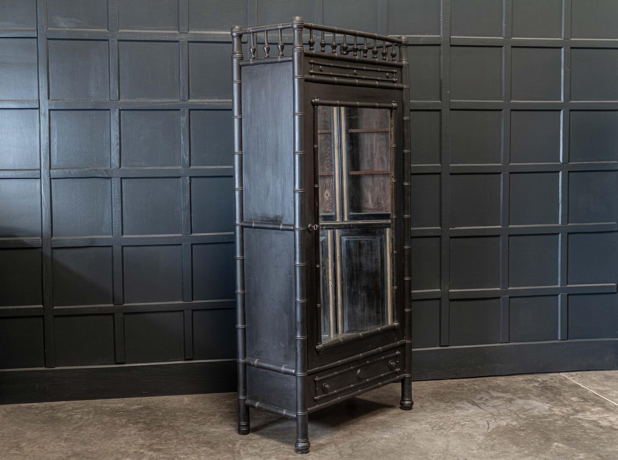 Circa 1860.

19thC French faux bamboo ebonised mirrored armoire.
With original mirror plate, shelving, hardware and key.

Sourced from the South of France

sku 691

Measures: W 95 x D 46.5 x H 211cm.

 