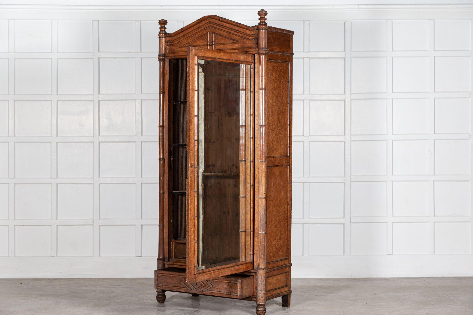 19thC French Faux Bamboo Walnut Mirrored Armoire In Good Condition For Sale In Staffordshire, GB
