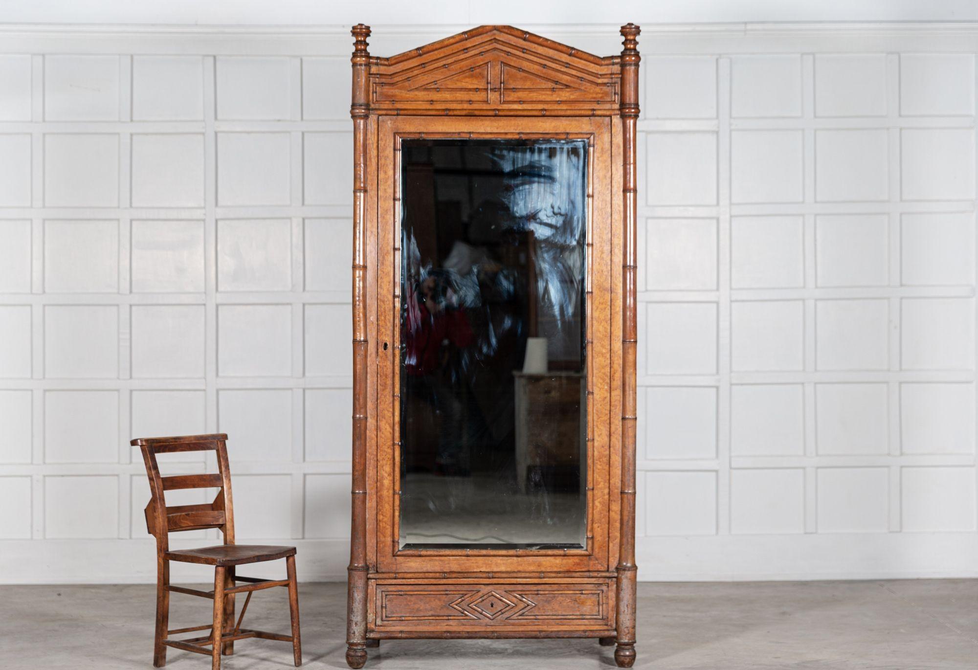 19th Century 19thC French Faux Bamboo Walnut Mirrored Armoire For Sale