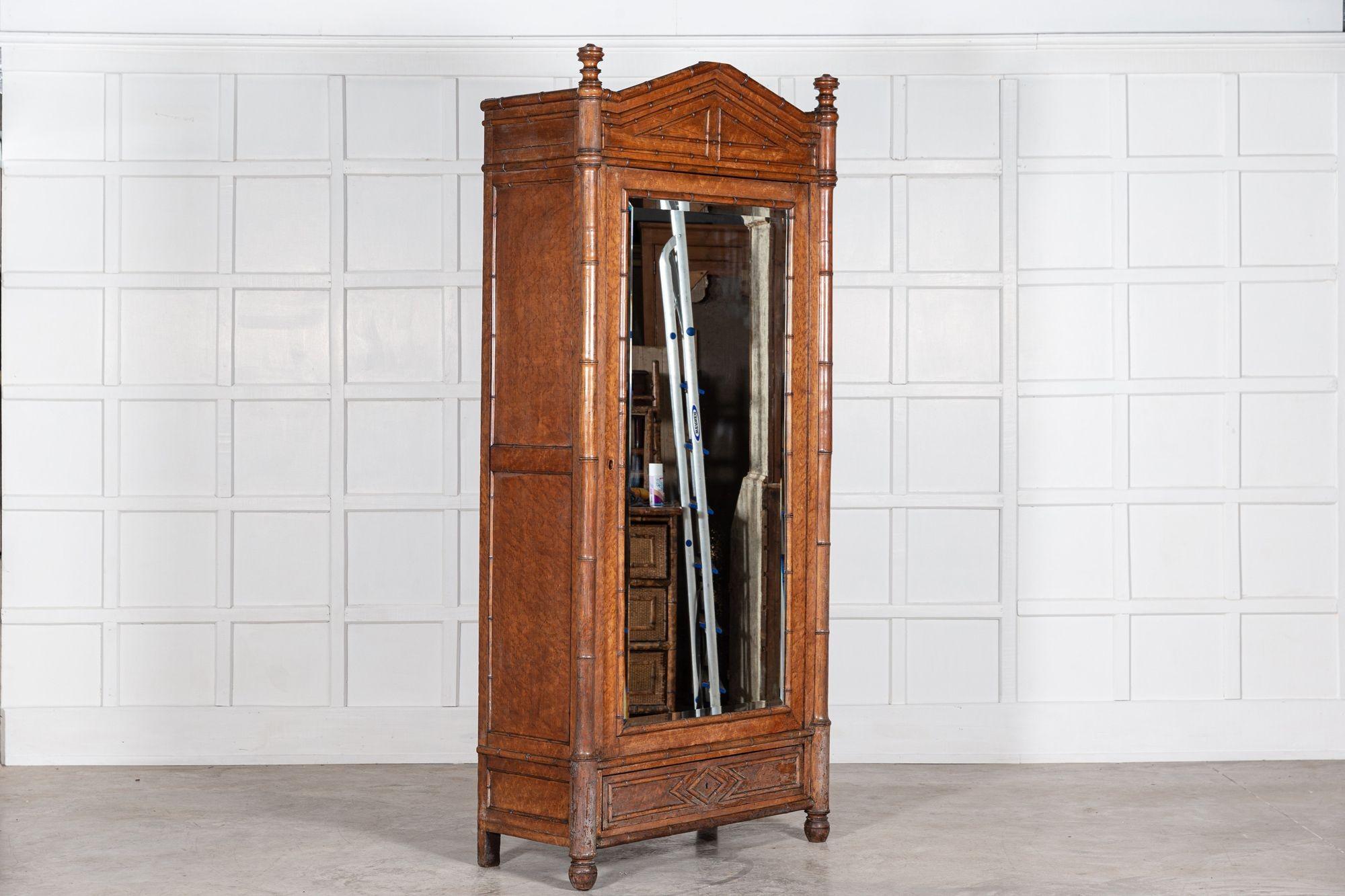 19th Century 19thC French Faux Bamboo Walnut Mirrored Armoire For Sale