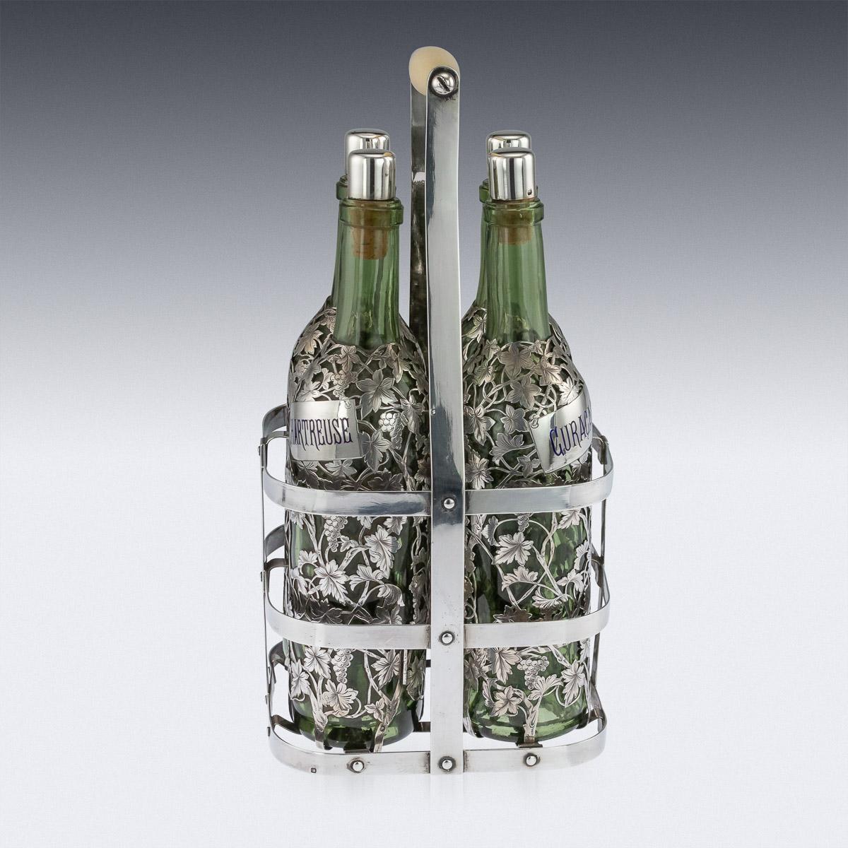 19thC French Four Bottle Tantalus, Pierre Queille, Paris, c.1890 In Good Condition In Royal Tunbridge Wells, Kent