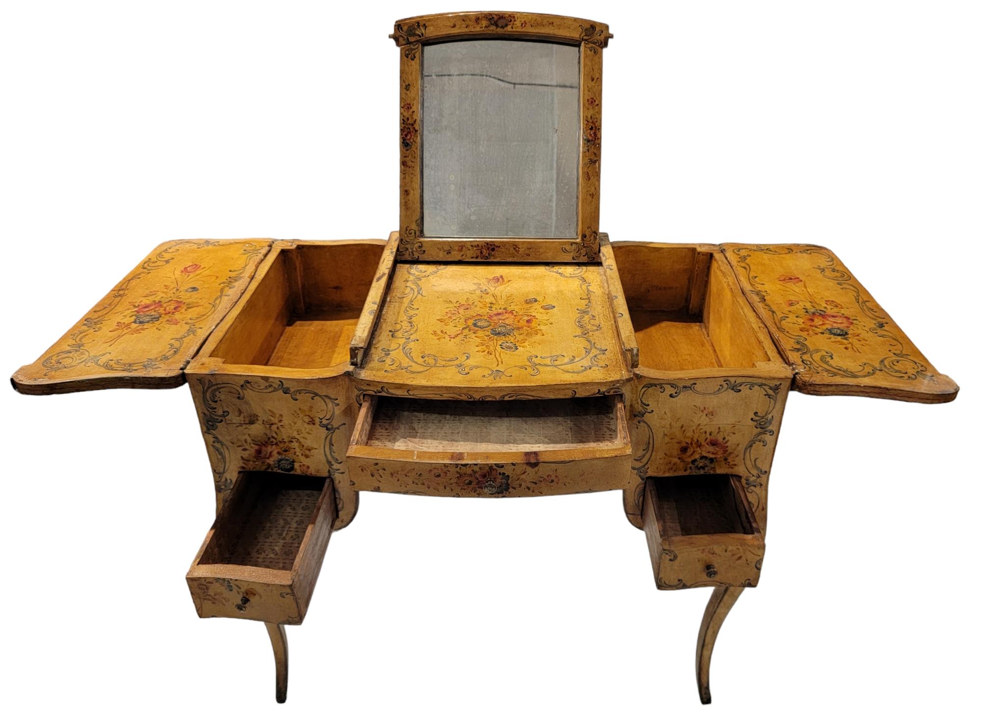 Adirondack 19thc French Hand Painted Desk/Vanity With Mirror For Sale