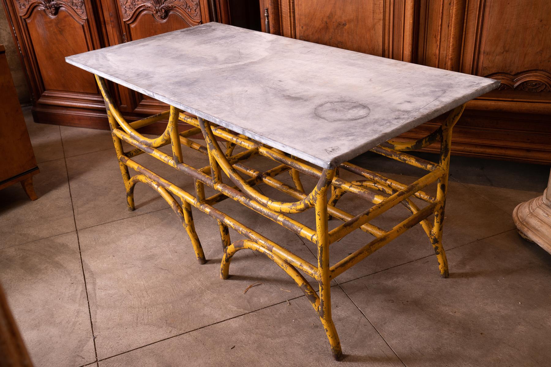 Wonderful French iron and stone butcher table perfect for indoor/outdoor kitchen decor.