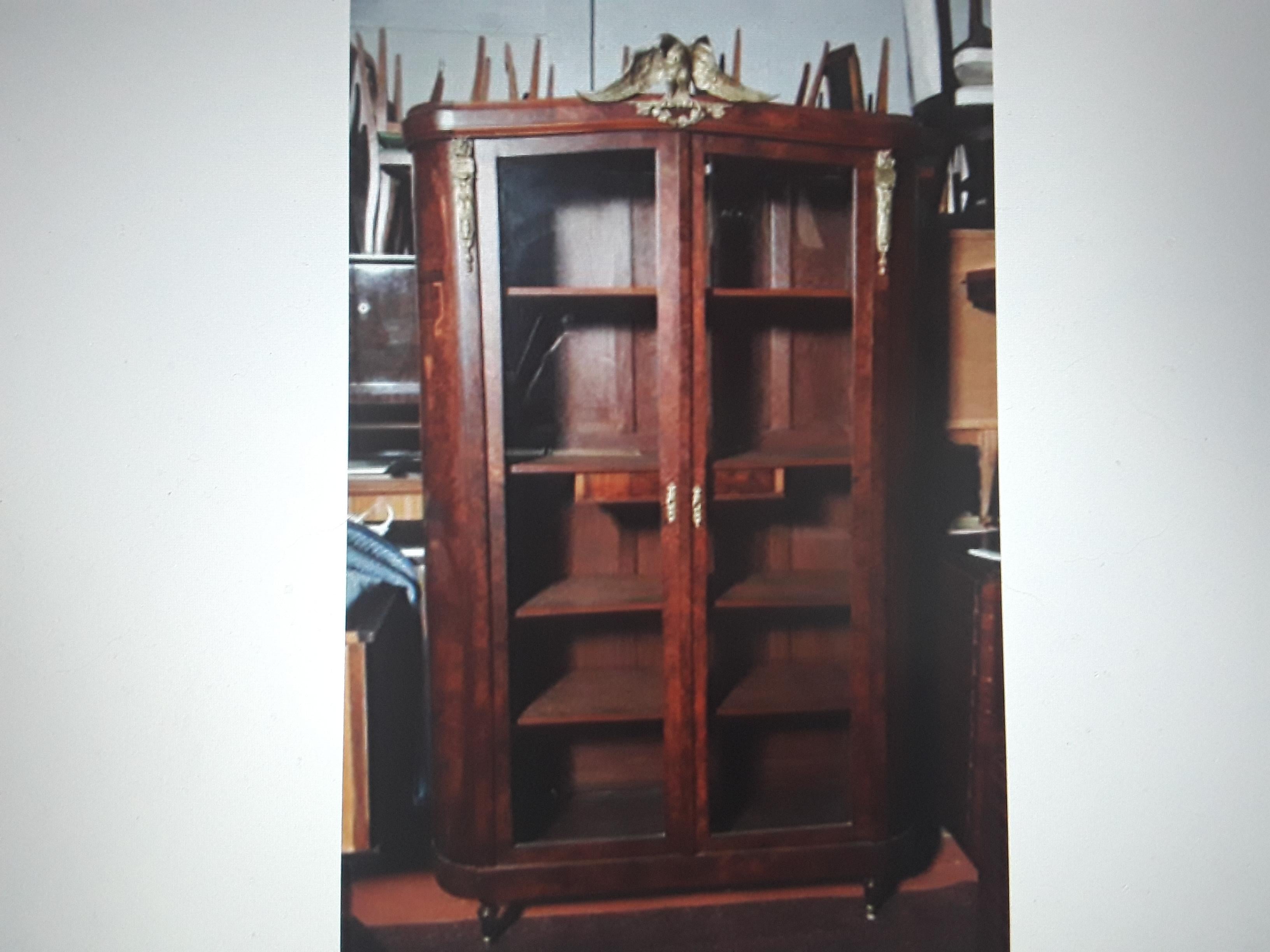 19thc French Large Gilt & Wood Exotic Inlay Bookcase Empire- Burl Wood For Sale 2