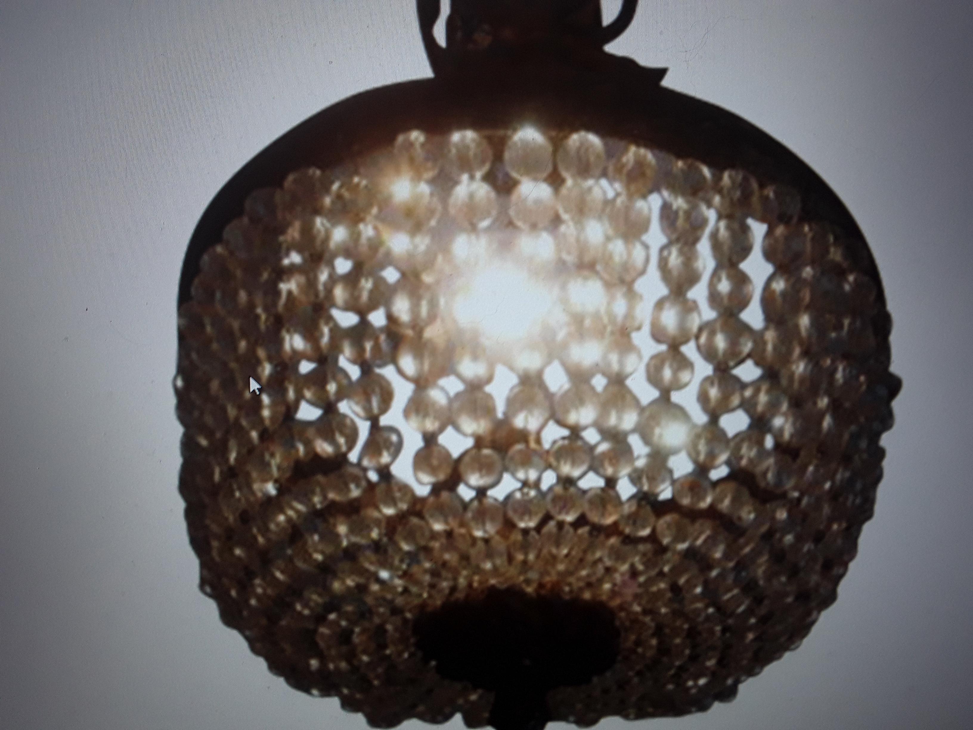 19thc French Louis LVI Cut Crystal w/ Bronze Basket Flush Mount Ceiling Fixture For Sale 5