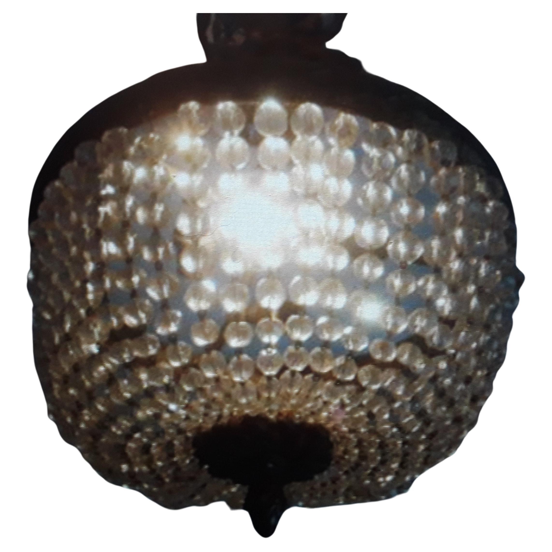 19thc French Louis LVI Cut Crystal w/ Bronze Basket Flush Mount Ceiling Fixture For Sale