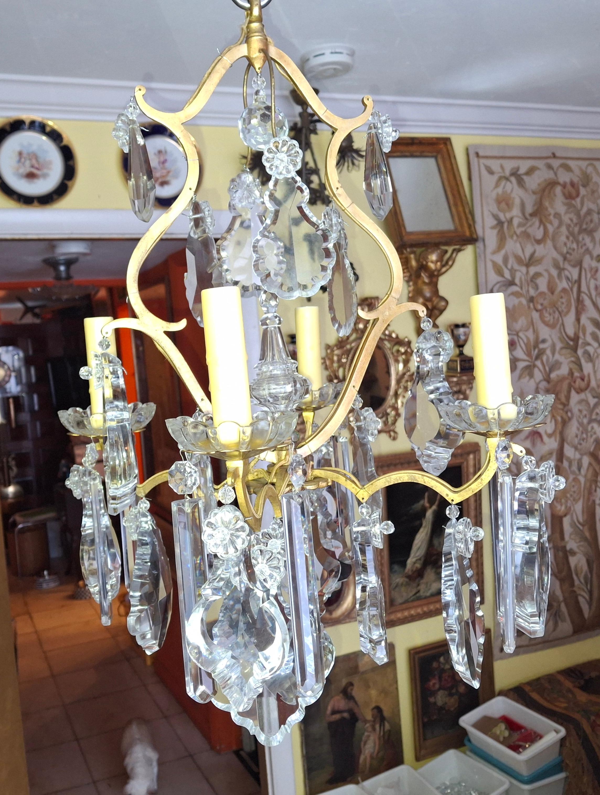 19thc French Louis XV Bronze with Crystal Chandelier attributed to Baccarat. Versailles style. 4 lights, smaller scale. Miami Beach estate find.