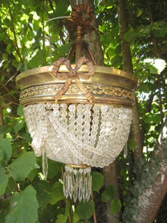 19thc French Louis XV Dore Bronze Cut Crystal Beaded Pendant Lighting Chandelier