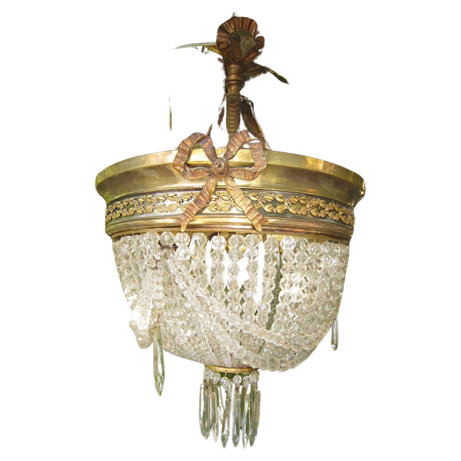 19thc French Louis XV Dore Bronze Cut Crystal Beaded Pendant Lighting Chandelier For Sale