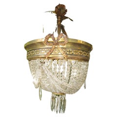 Antique 19thc French Louis XV Dore Bronze Cut Crystal Beaded Pendant Lighting Chandelier