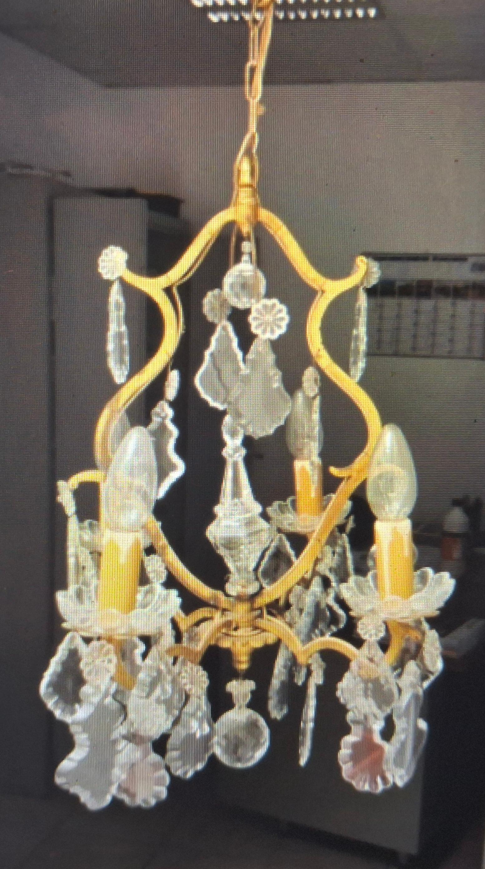 19thc French Antique Louis XV style Gilt Bronze with Baccarat Crystal Chandelier. 3 lights and center crystal Poignard. French Estate acquisition.