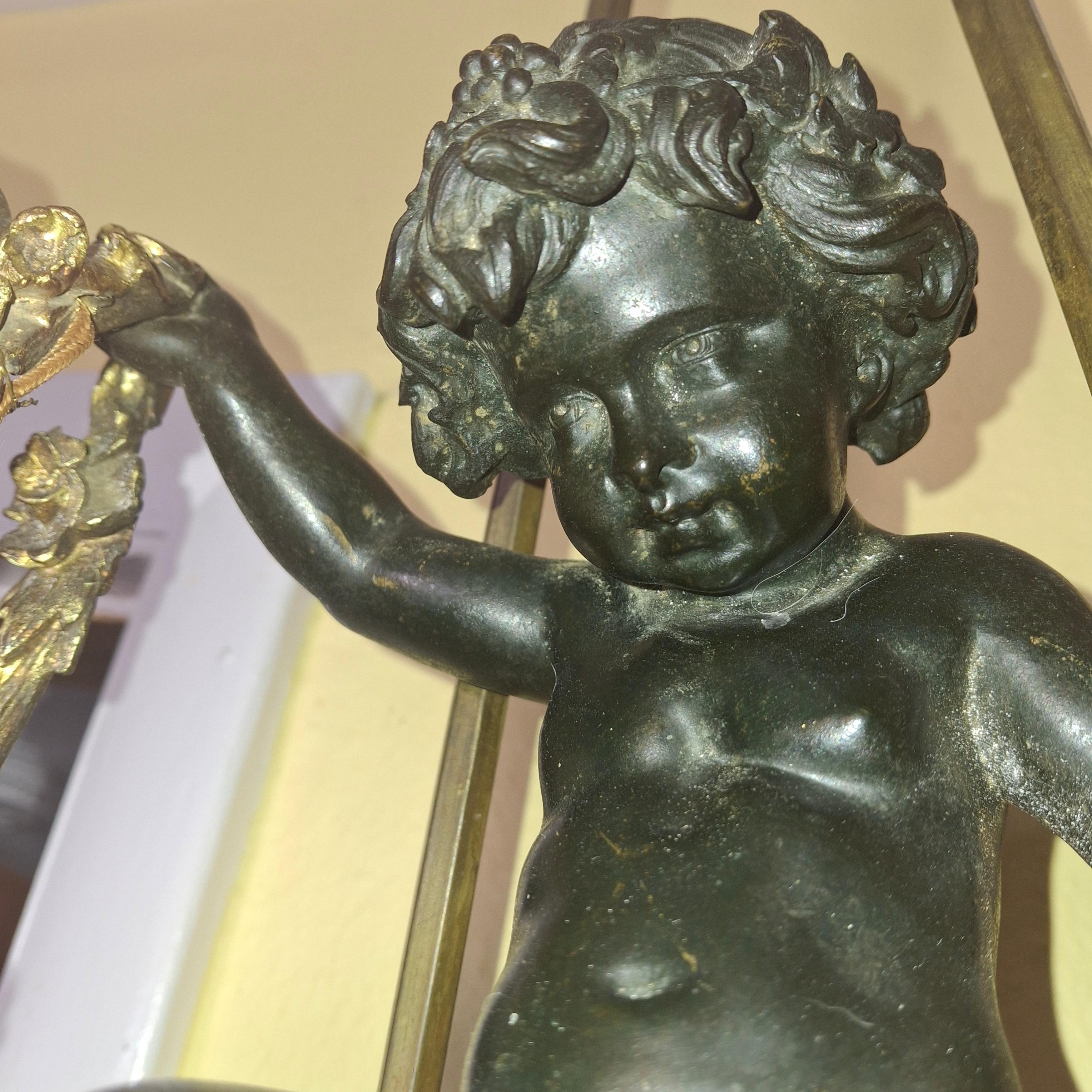 Lustre Louis XV en bronze patiné et doré avec un grand chérubin sur une balançoire, 19ème siècle en vente 1