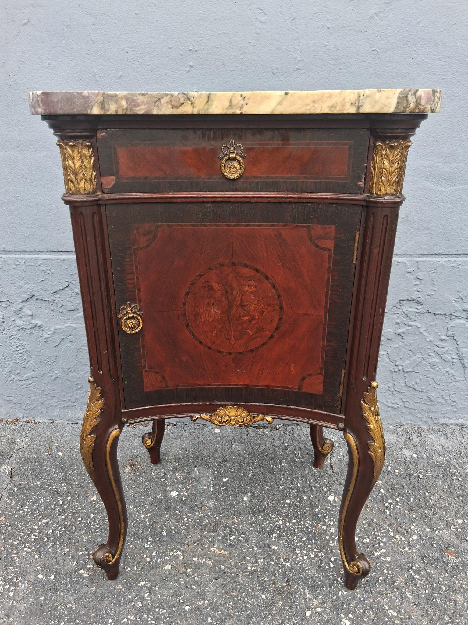 19thc French Grand Louis XV Transition style Exotic Burlwood/ Gilt Accent Nightstand/ End Table. Marble top, very high quality with carved concave front. Nice interior storage in this showpiece! Miami Beach estate.