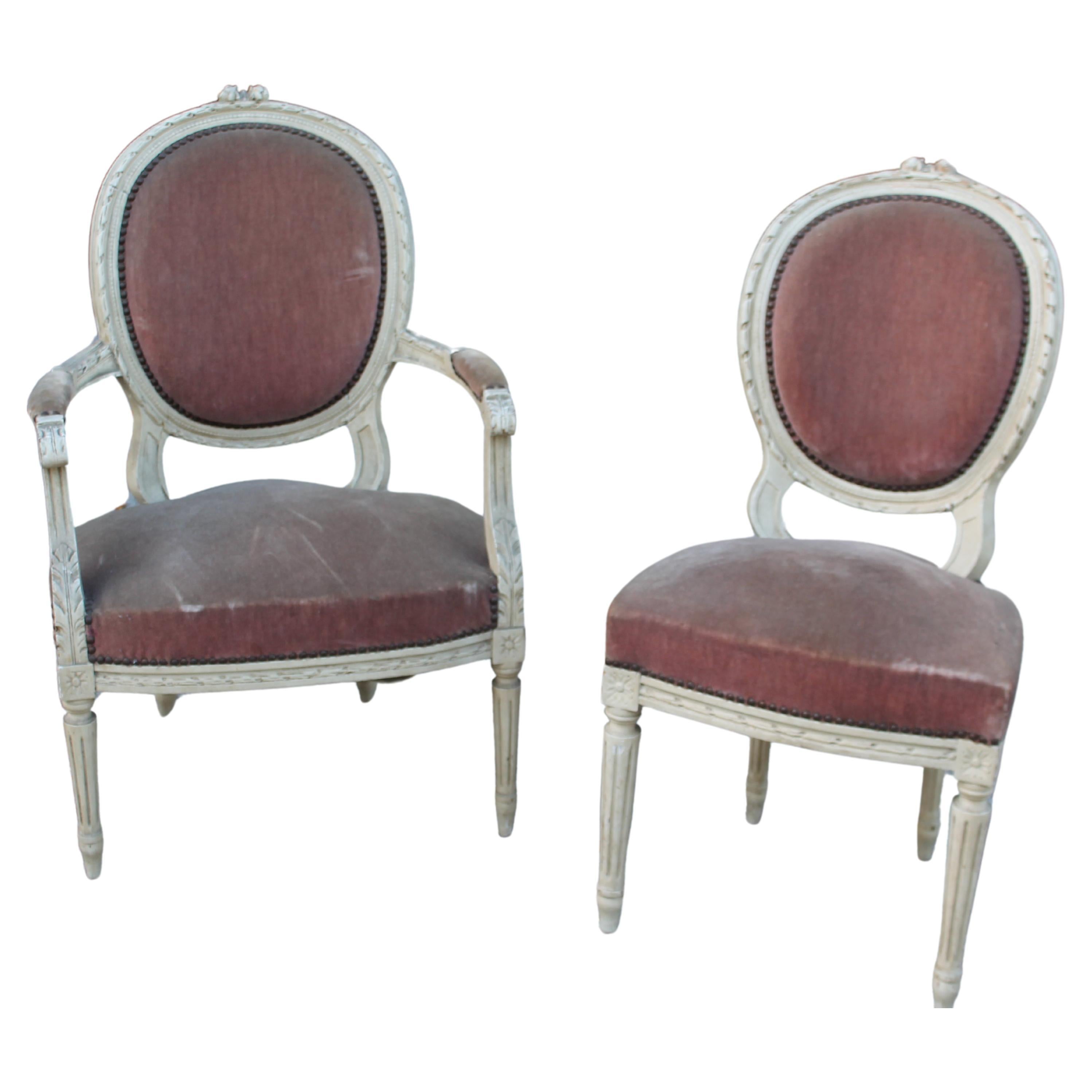  19thc French Louis XVI Arm Chair and Side Chair [2 piece] For Sale
