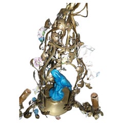 19thc French Louis XVI Bronze Cage with China Blue Parrot w/ Porcelain Flowers