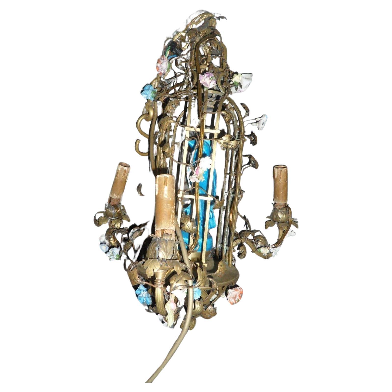 Rococo 19thc French Louis XVI Bronze Cage with China Blue Parrot w/ Porcelain Flowers For Sale